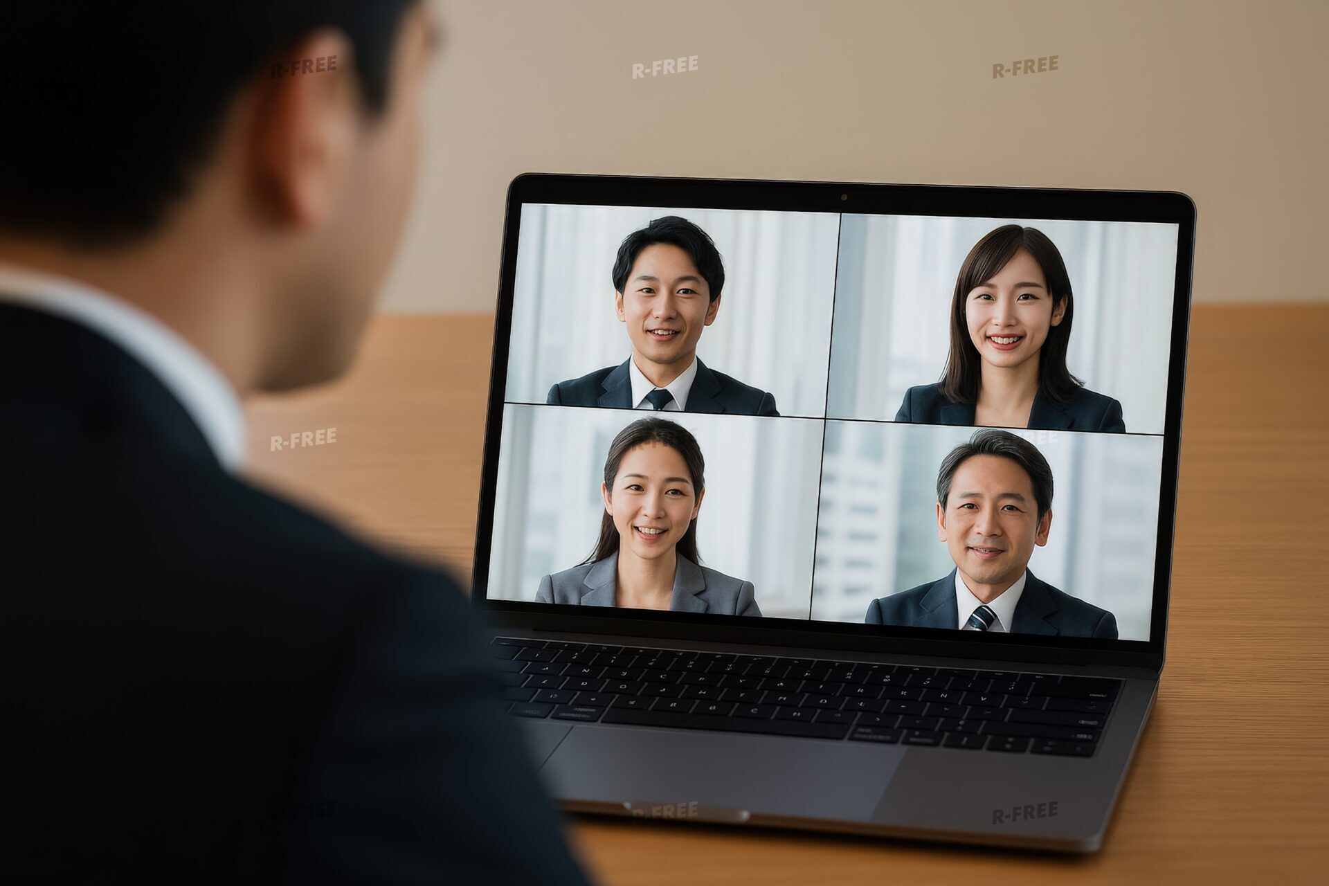 オンライン会議でビジネスチームと話すビジネスマン
