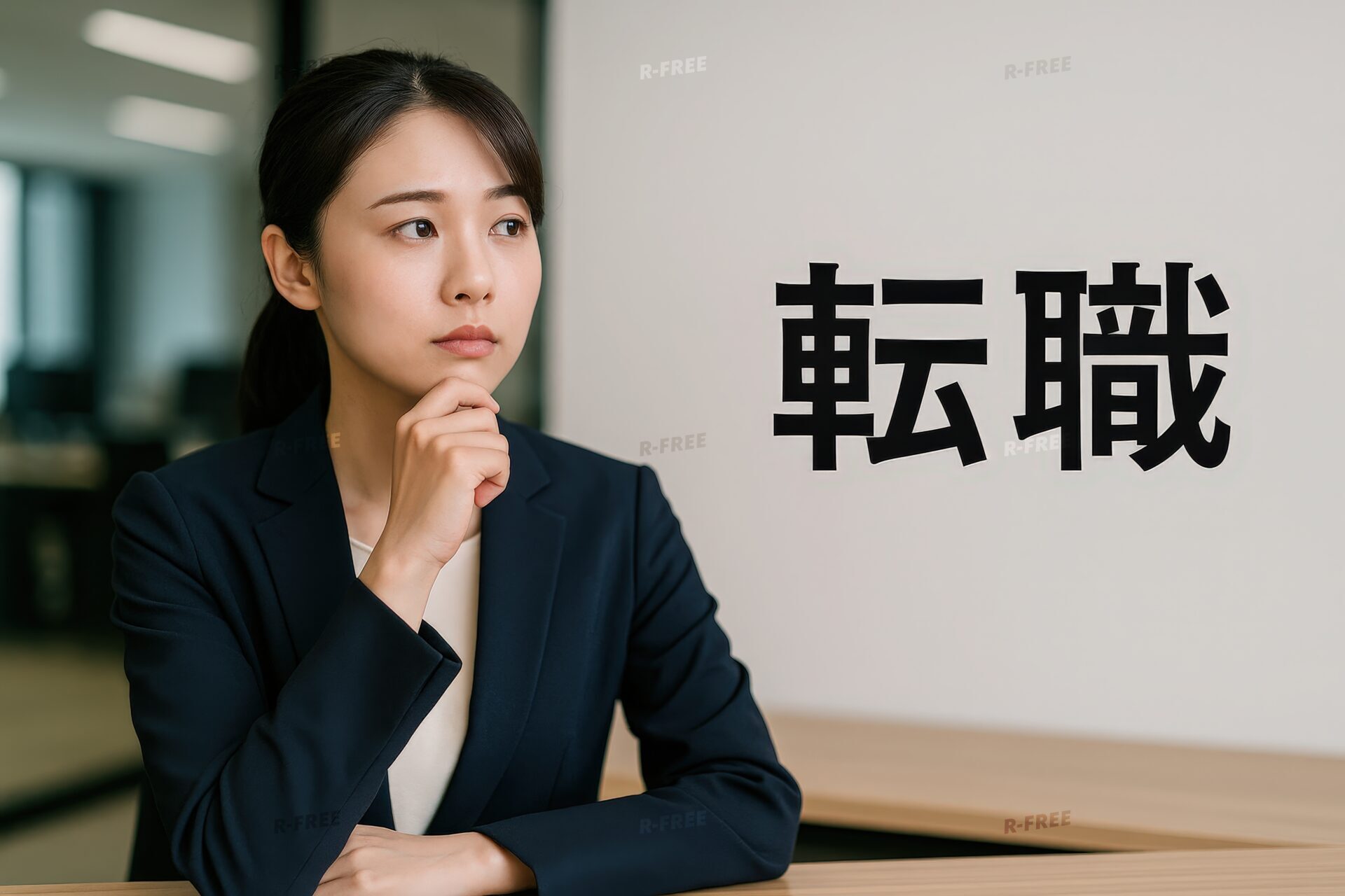 転職を検討する若い女性と「転職」の文字