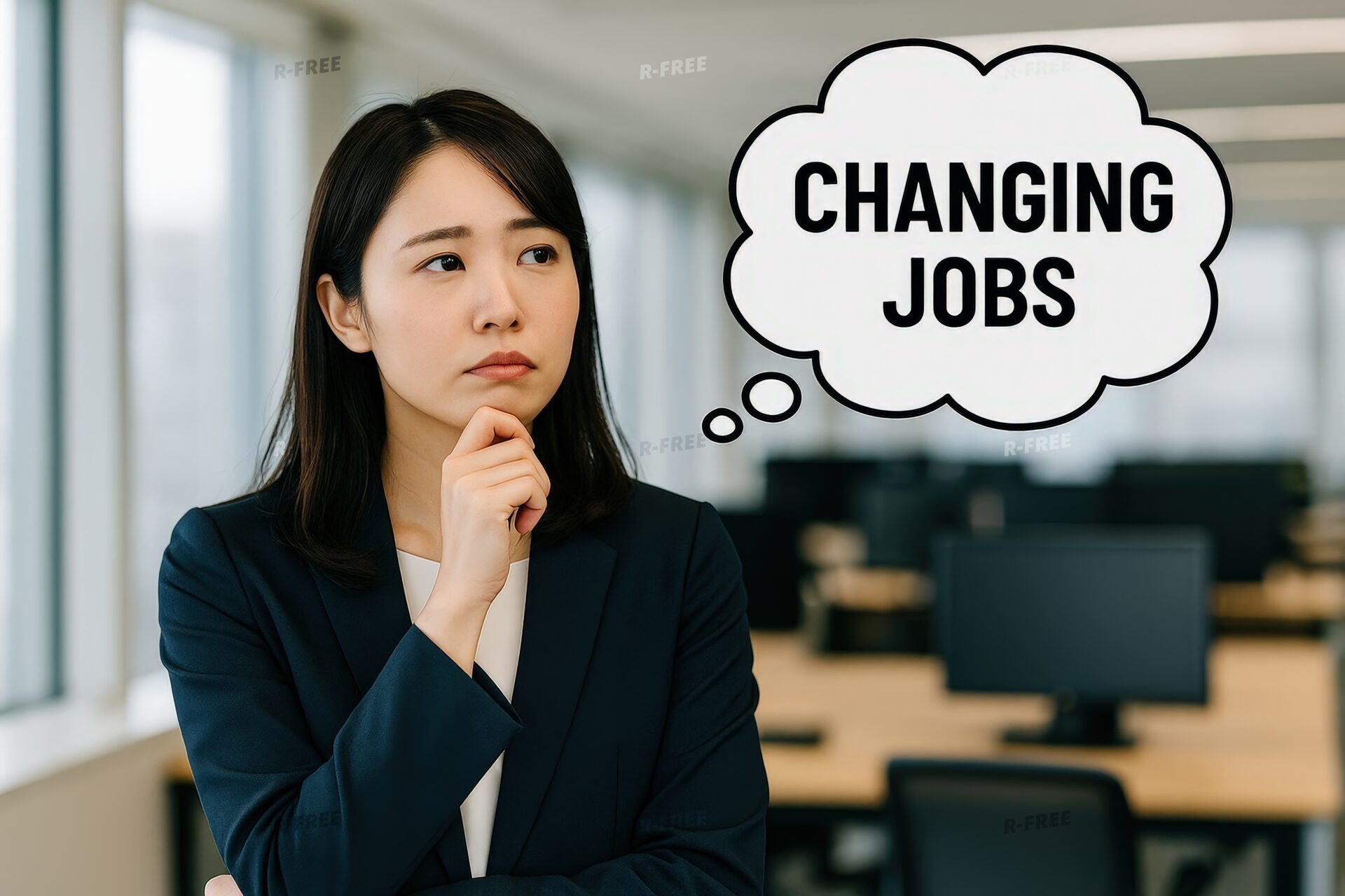 転職を考えるスーツ姿の女性と「CHANGING JOBS」の文字