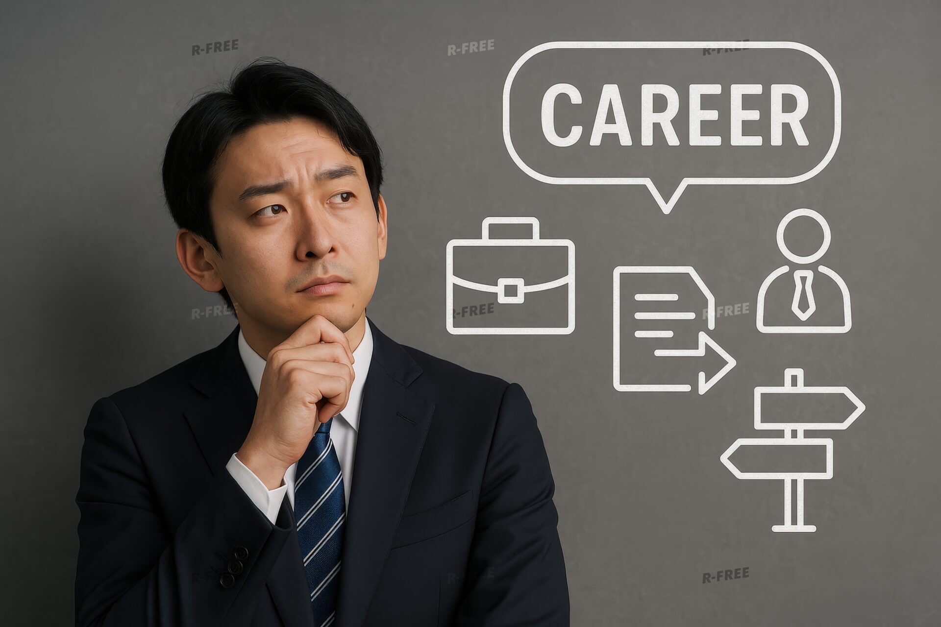 顎に手を当てて考え込む30代男性とCAREERアイコン