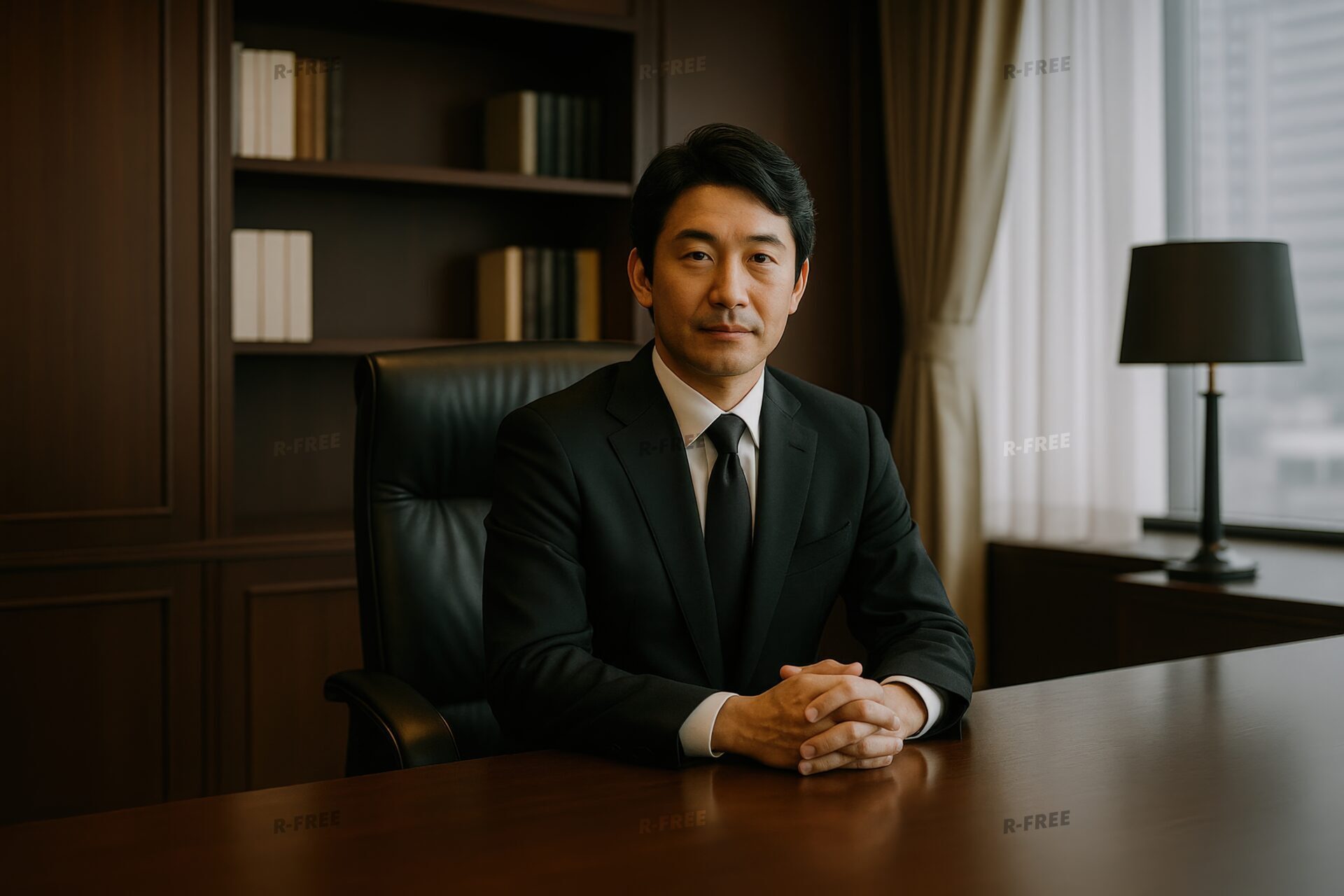 重厚なオフィスのデスクでスーツ姿のビジネスマンが正面を見る