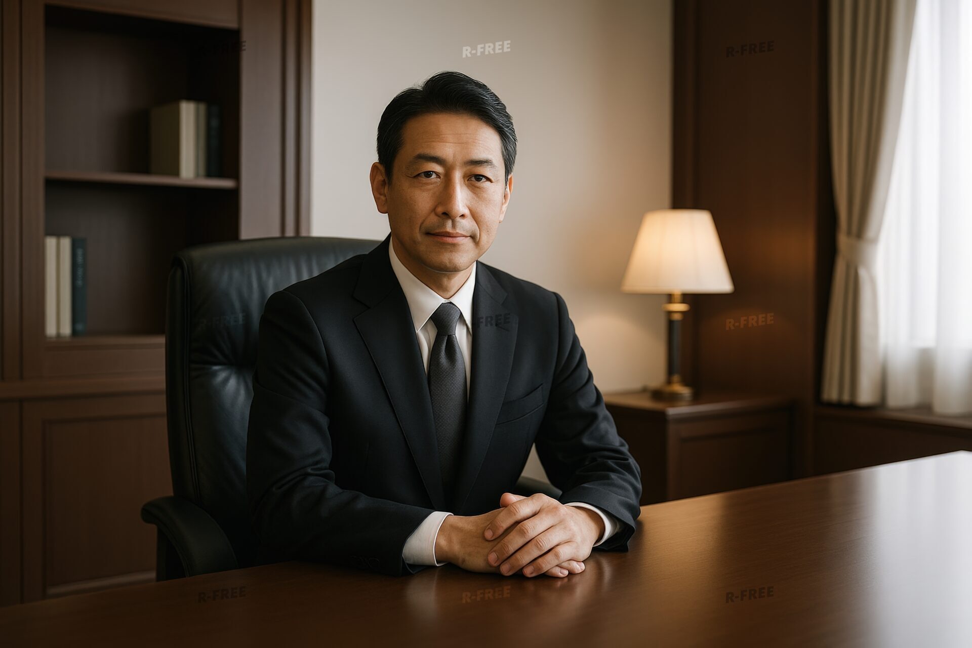 木製デスクのオフィスでスーツ姿のビジネスマンが座っている