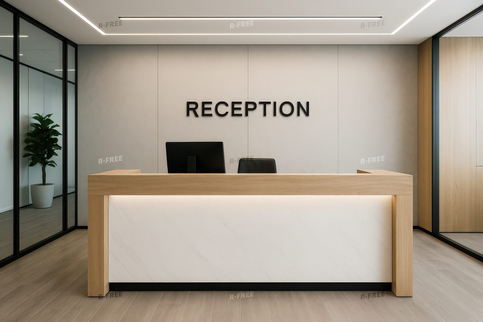 受付の背面に「RECEPTION」の文字があるモダンなオフィス