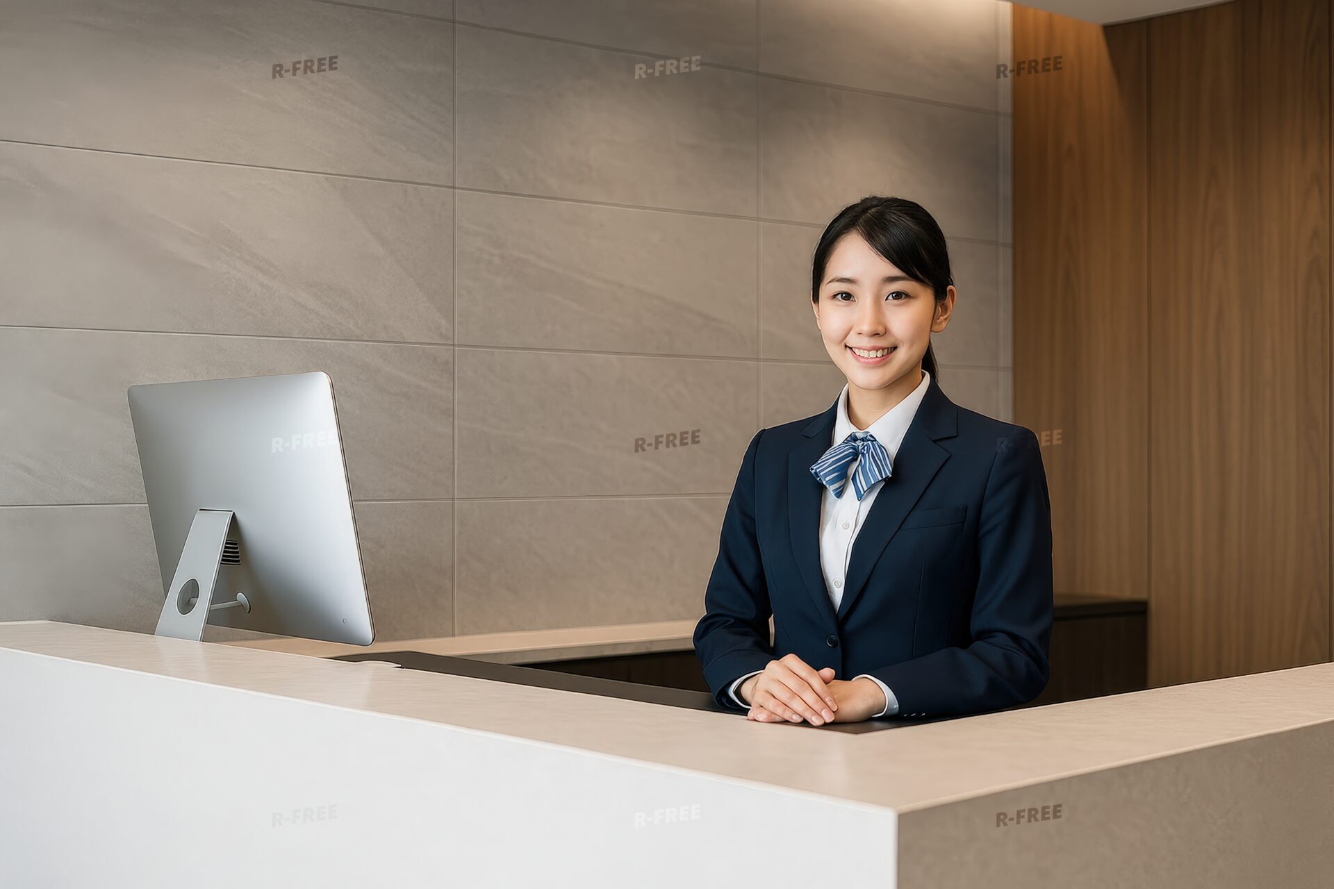 ホテル受付カウンターに立つネイビースーツの若い女性