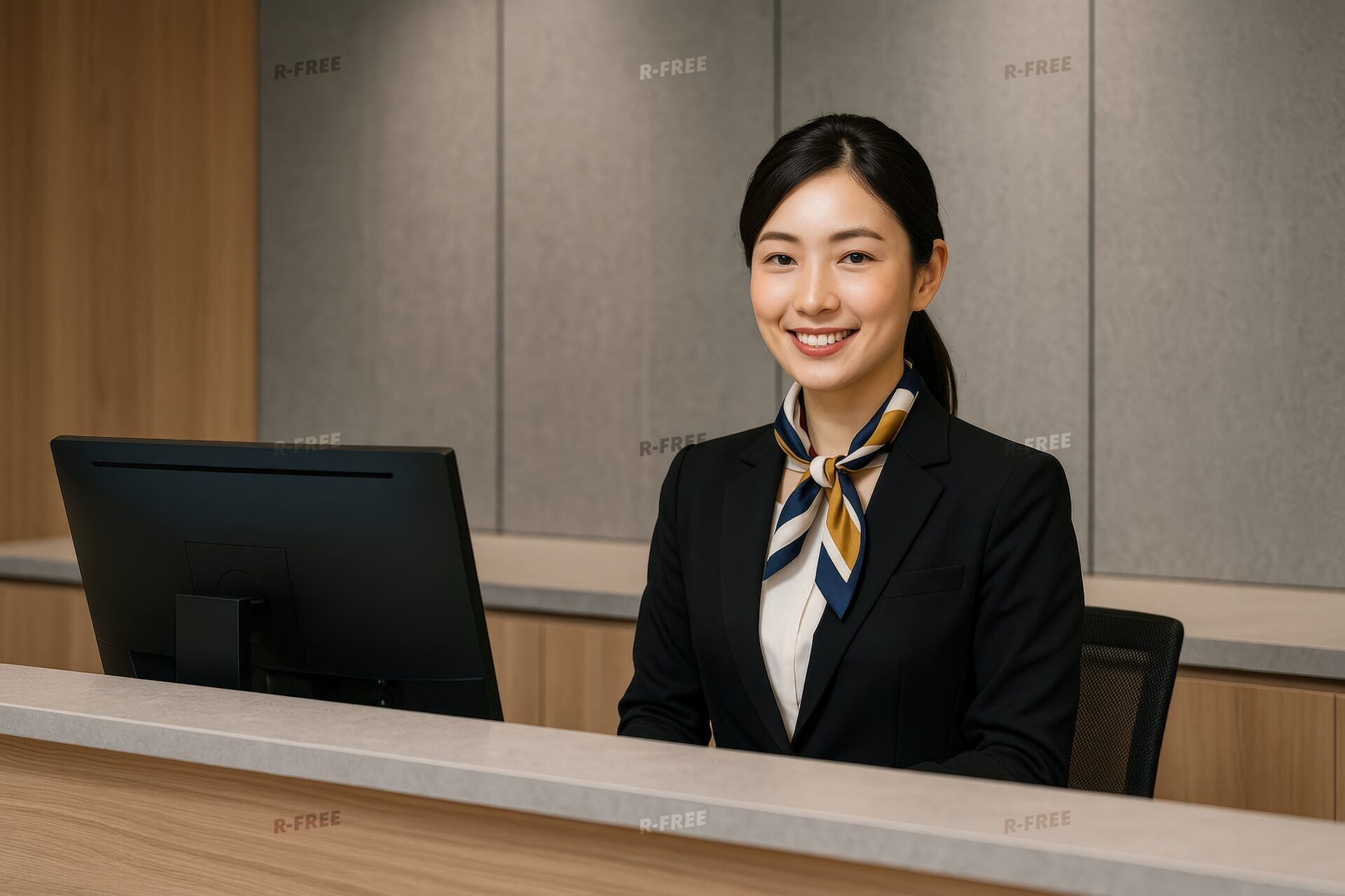 受付カウンターに立つストライプスカーフの若い女性・黒髪をまとめ笑顔