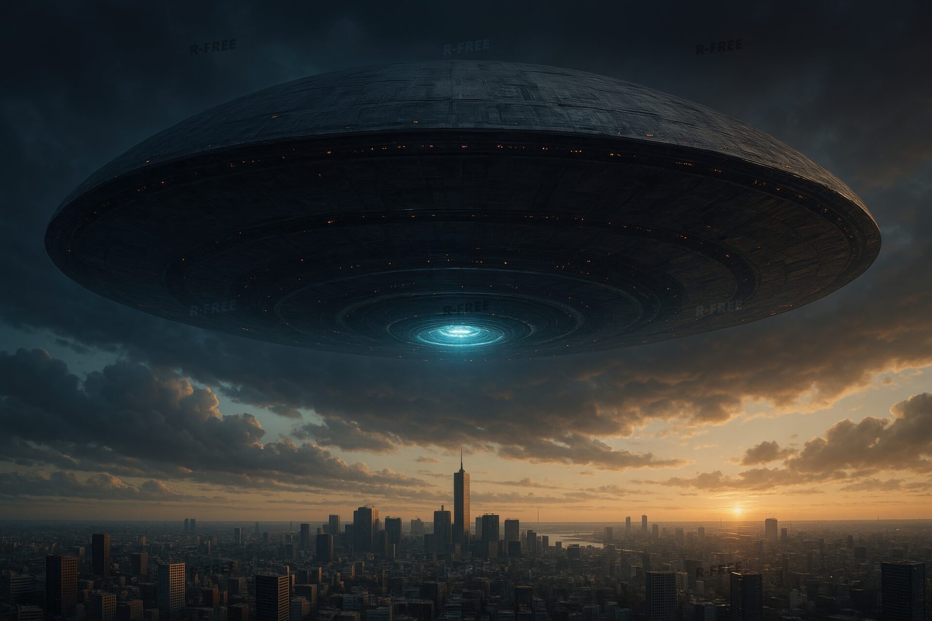 巨大UFOが上空に現れた都市の夕景