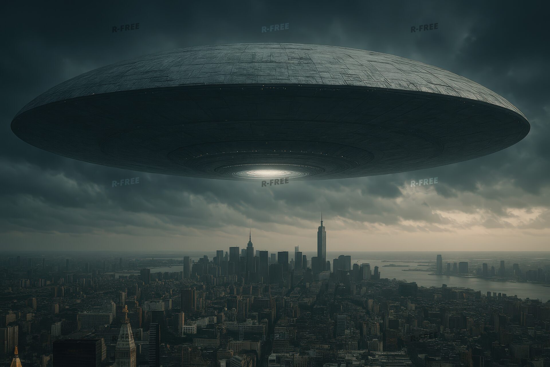 曇り空の都市上空に浮かぶ巨大円盤型UFO