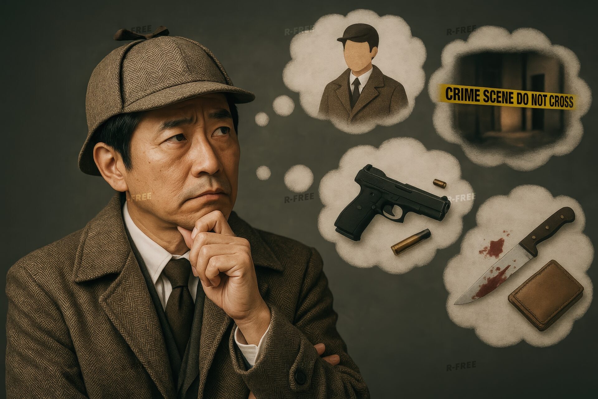 凶器と容疑者を思い浮かべる探偵のイラスト
