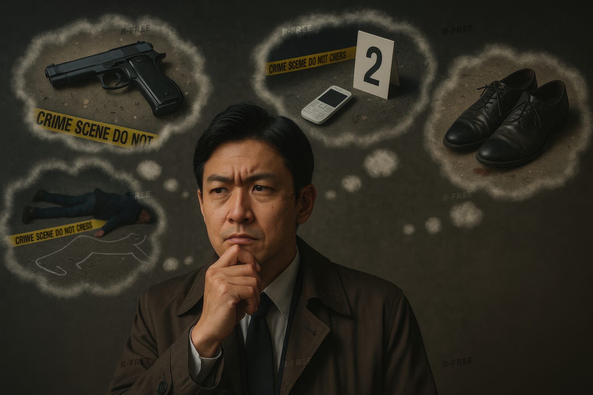 証拠と遺体の状況を考察する探偵のイラスト