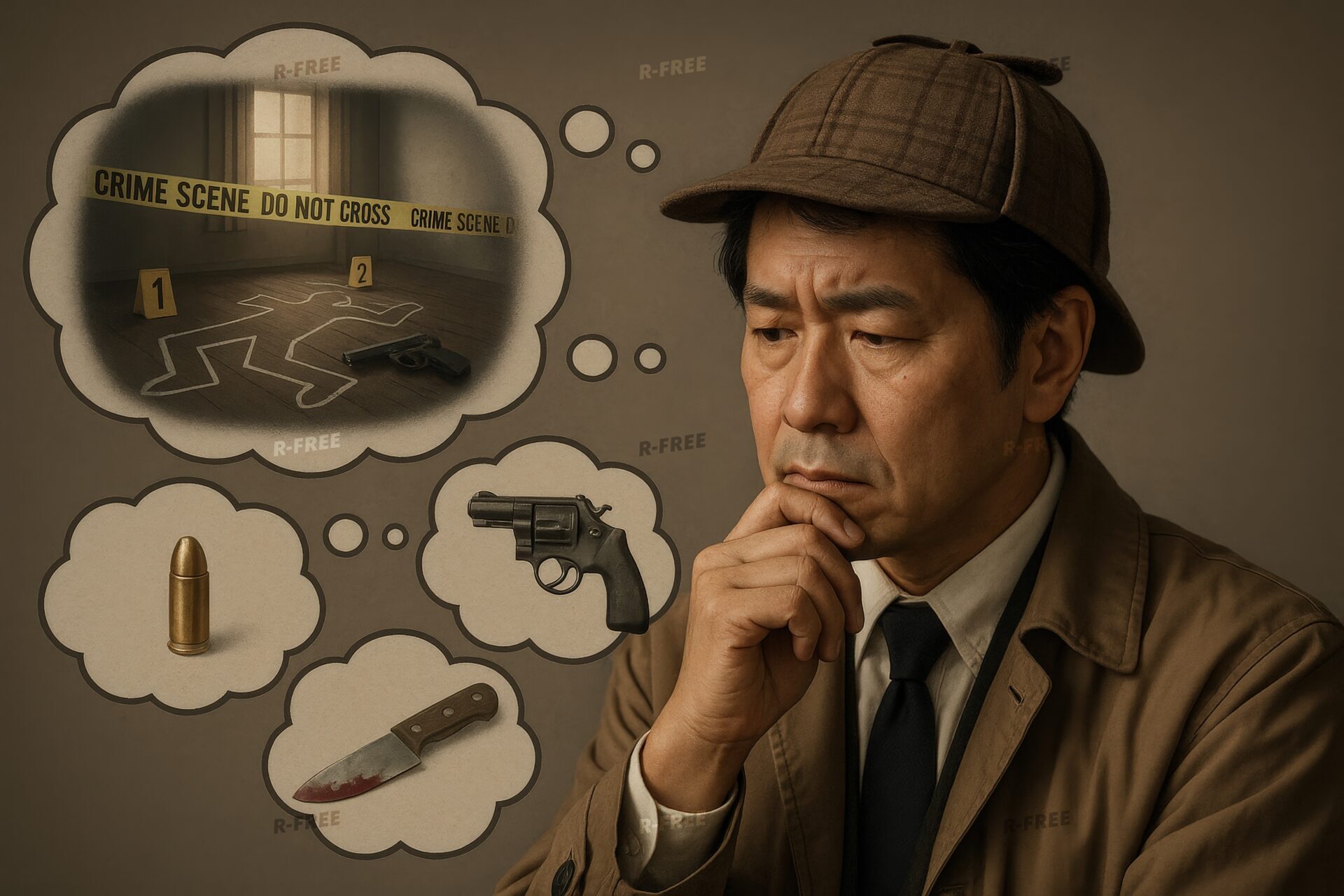 事件現場の証拠と凶器を考察する探偵