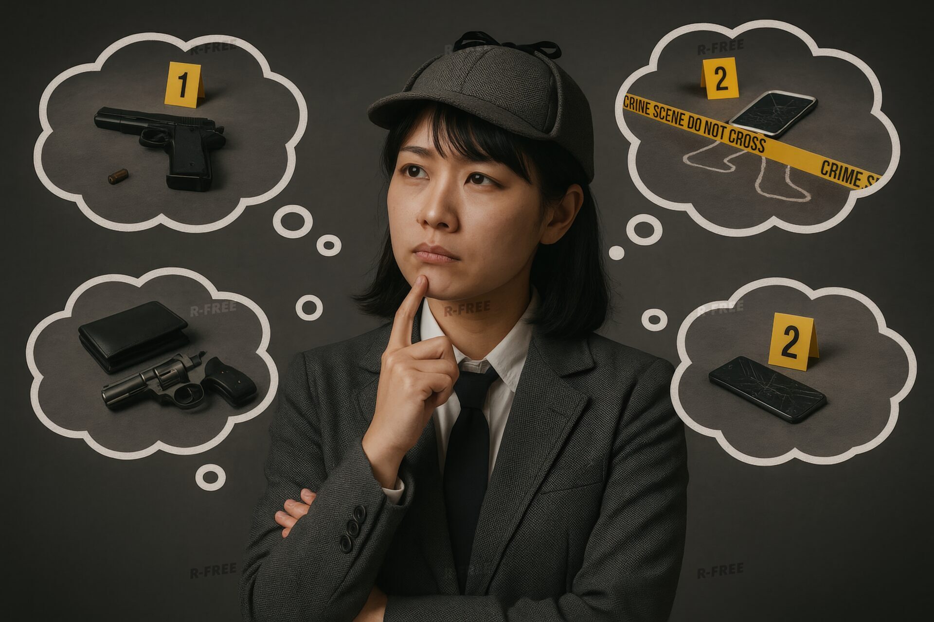 証拠を想像しながら思案する女性探偵