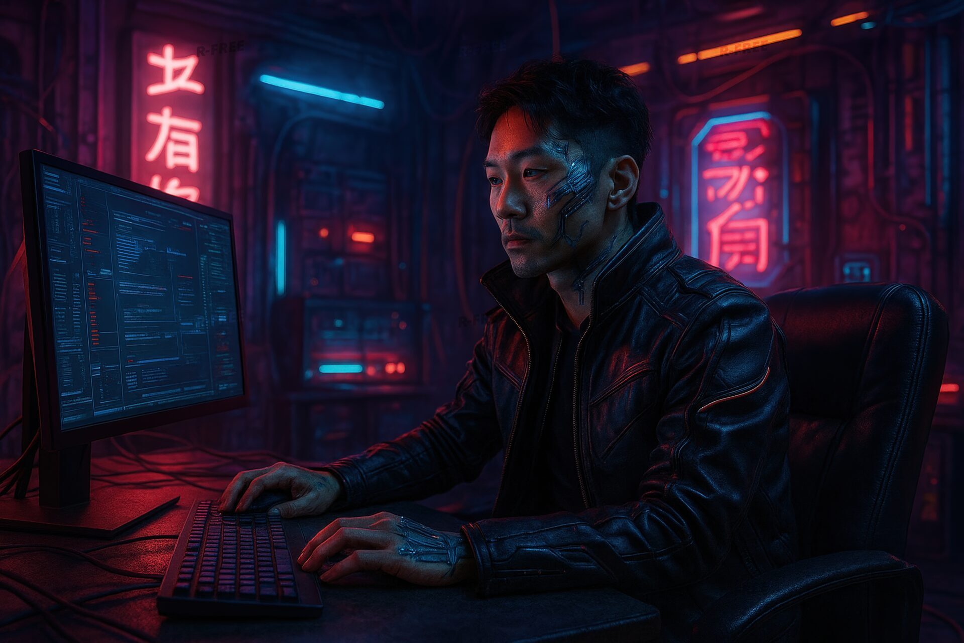革ジャン姿の男性がモニターに集中するサイバーパンクな室内