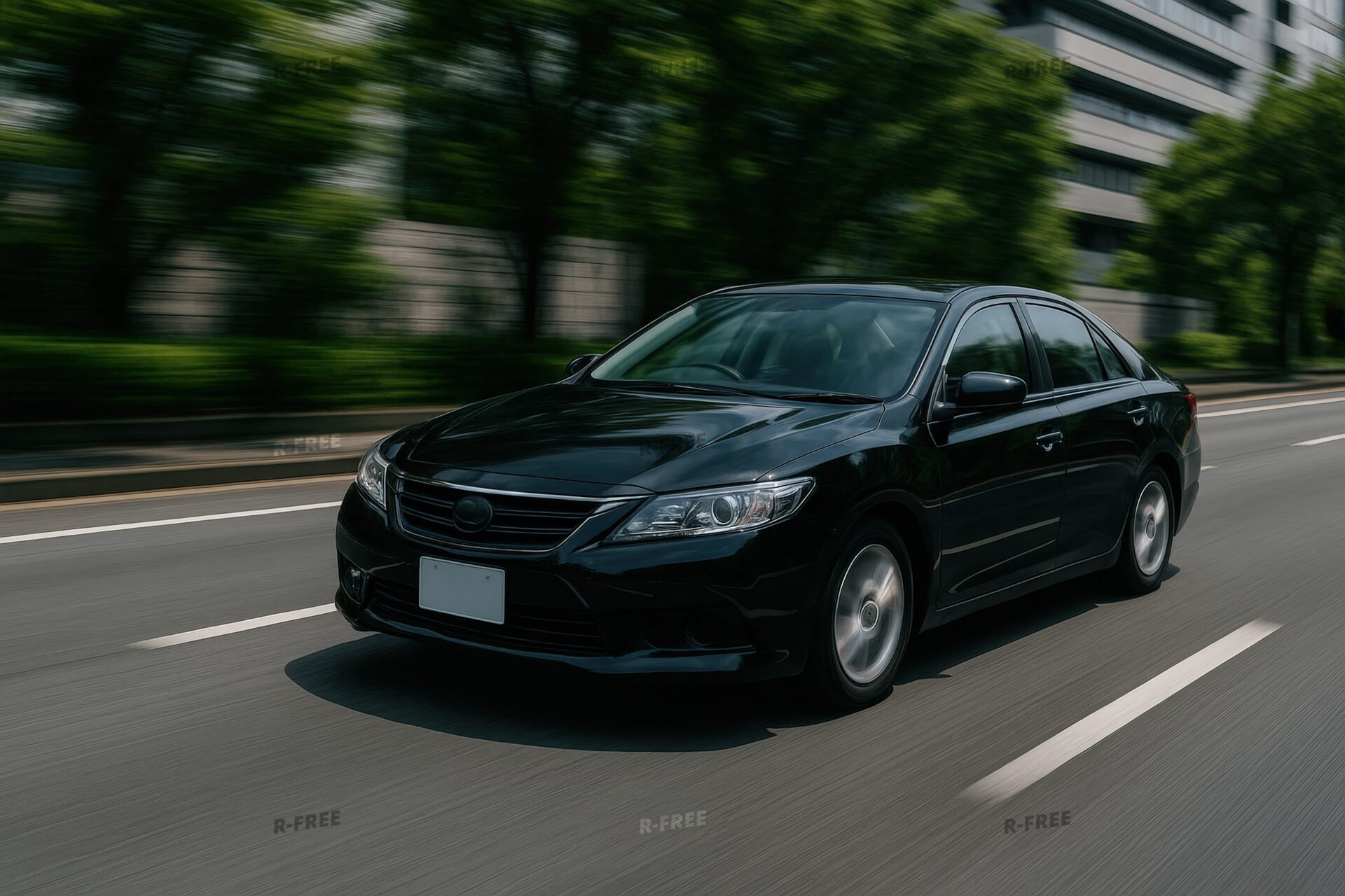 街路樹沿いの道を走行中の黒い自家用車