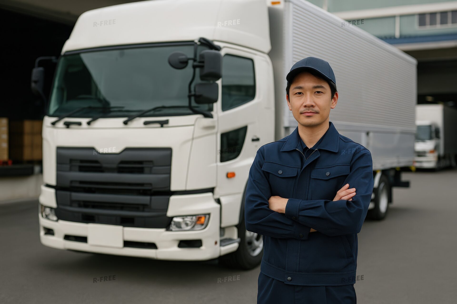 倉庫前に停車したトラックと腕を組むドライバー
