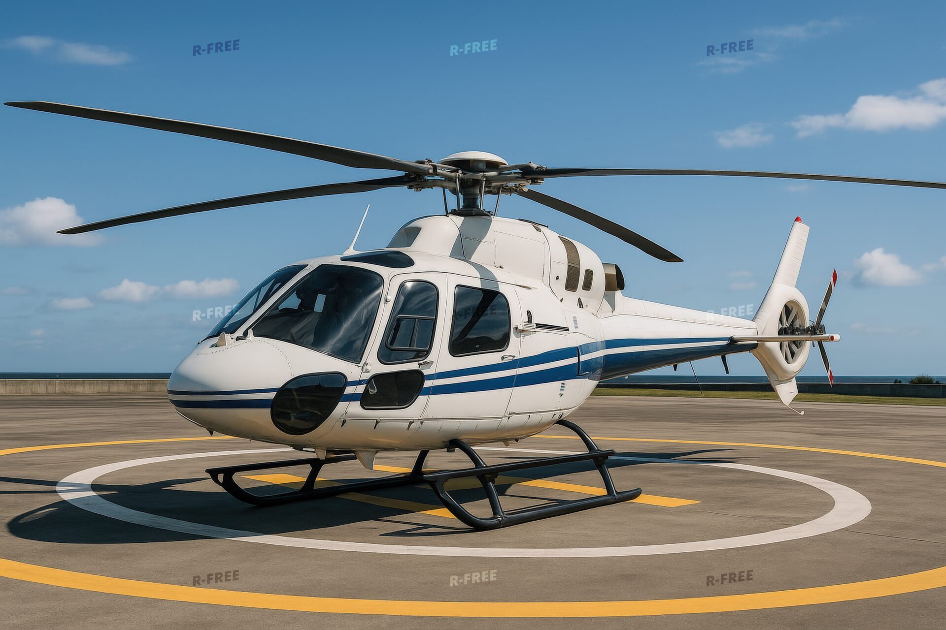 海辺のヘリポートに停機するスキッド付き白いヘリコプター