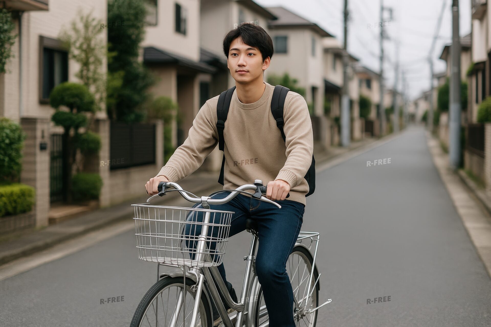 住宅街を自転車で走る若い男性