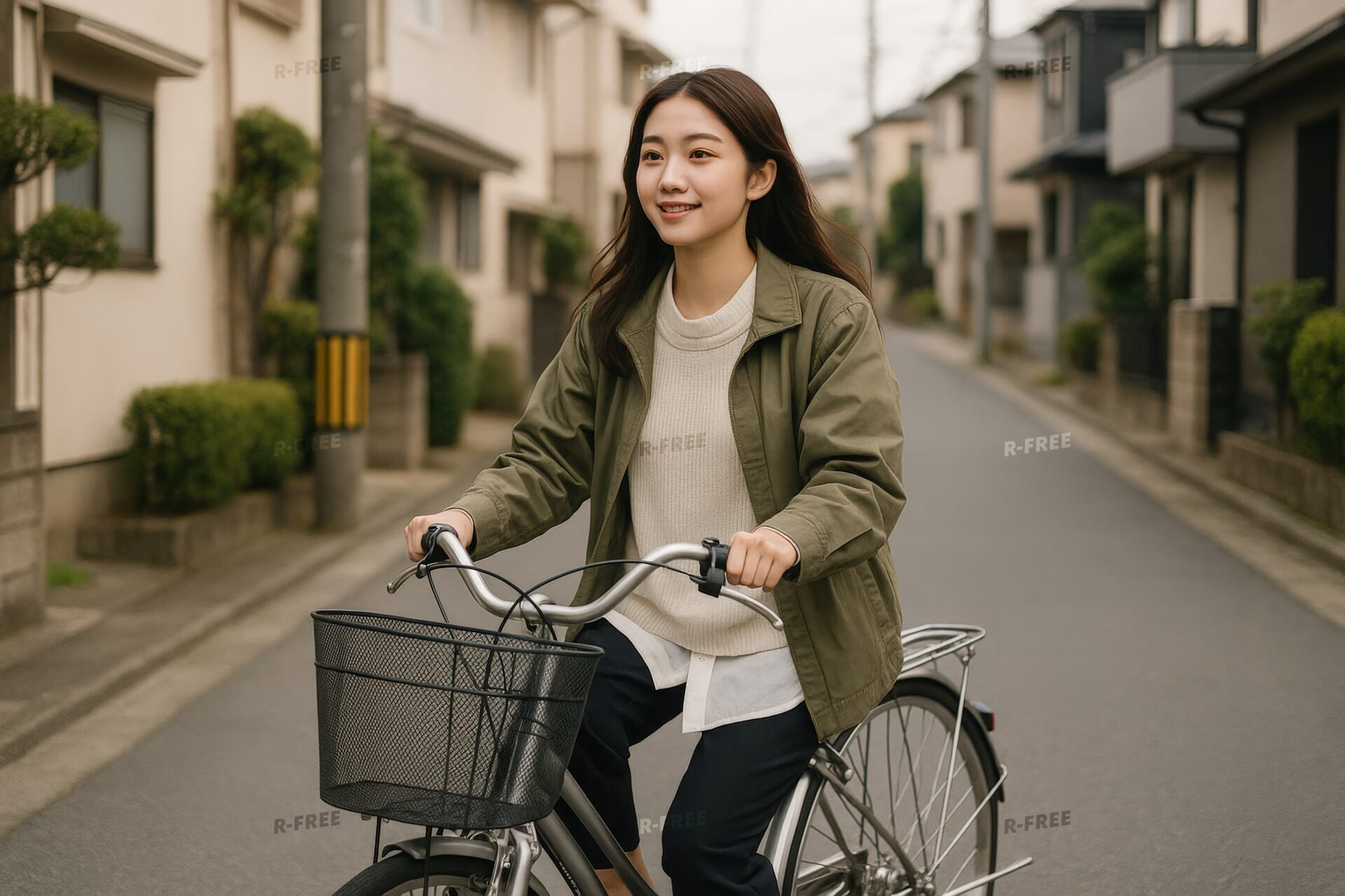 カゴ付き自転車で住宅街を走る若い女性