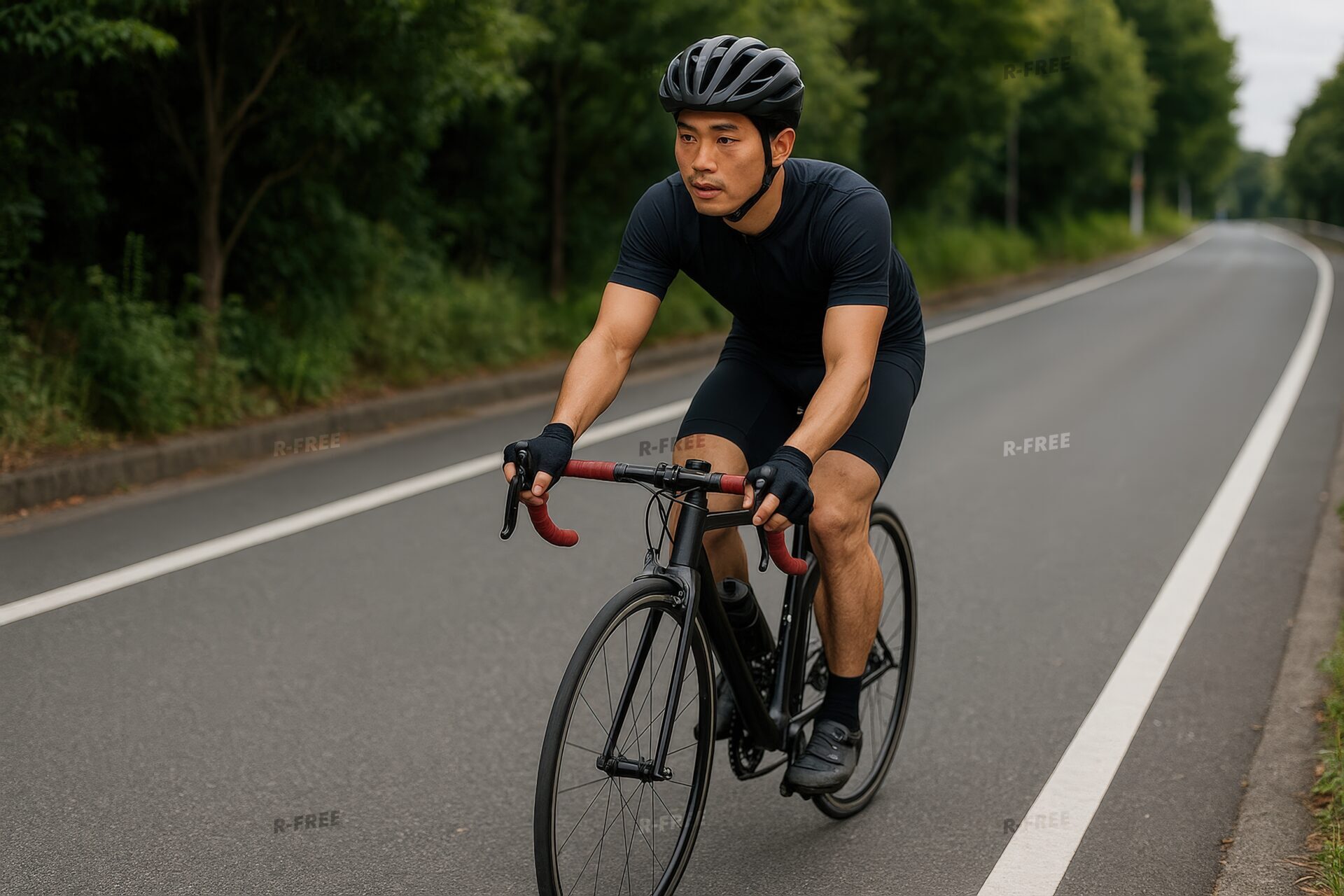 緑の多い道を走行中の若い男性サイクリスト
