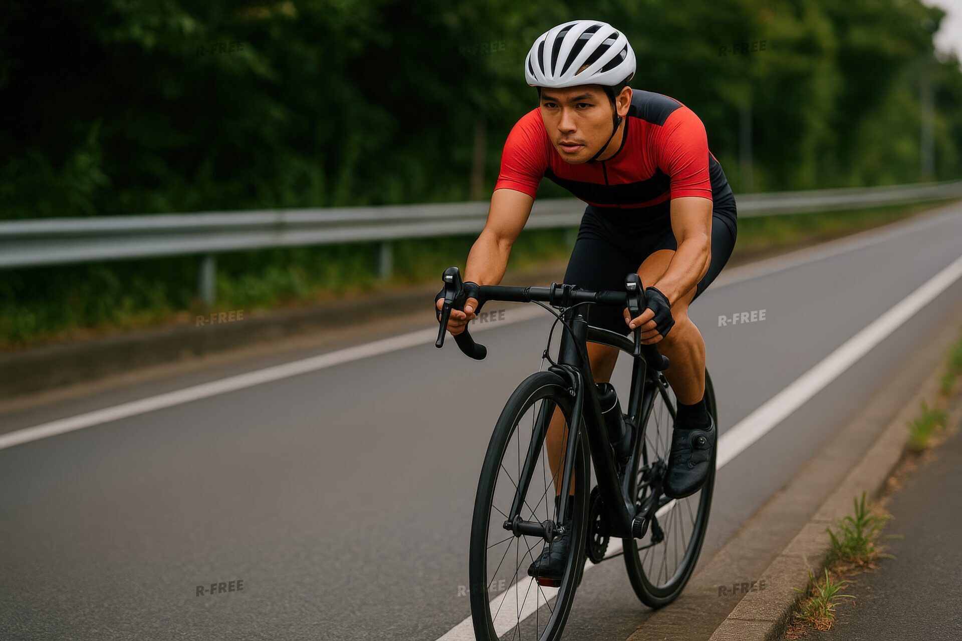 赤と黒のジャージでロードバイクに乗る若い男性