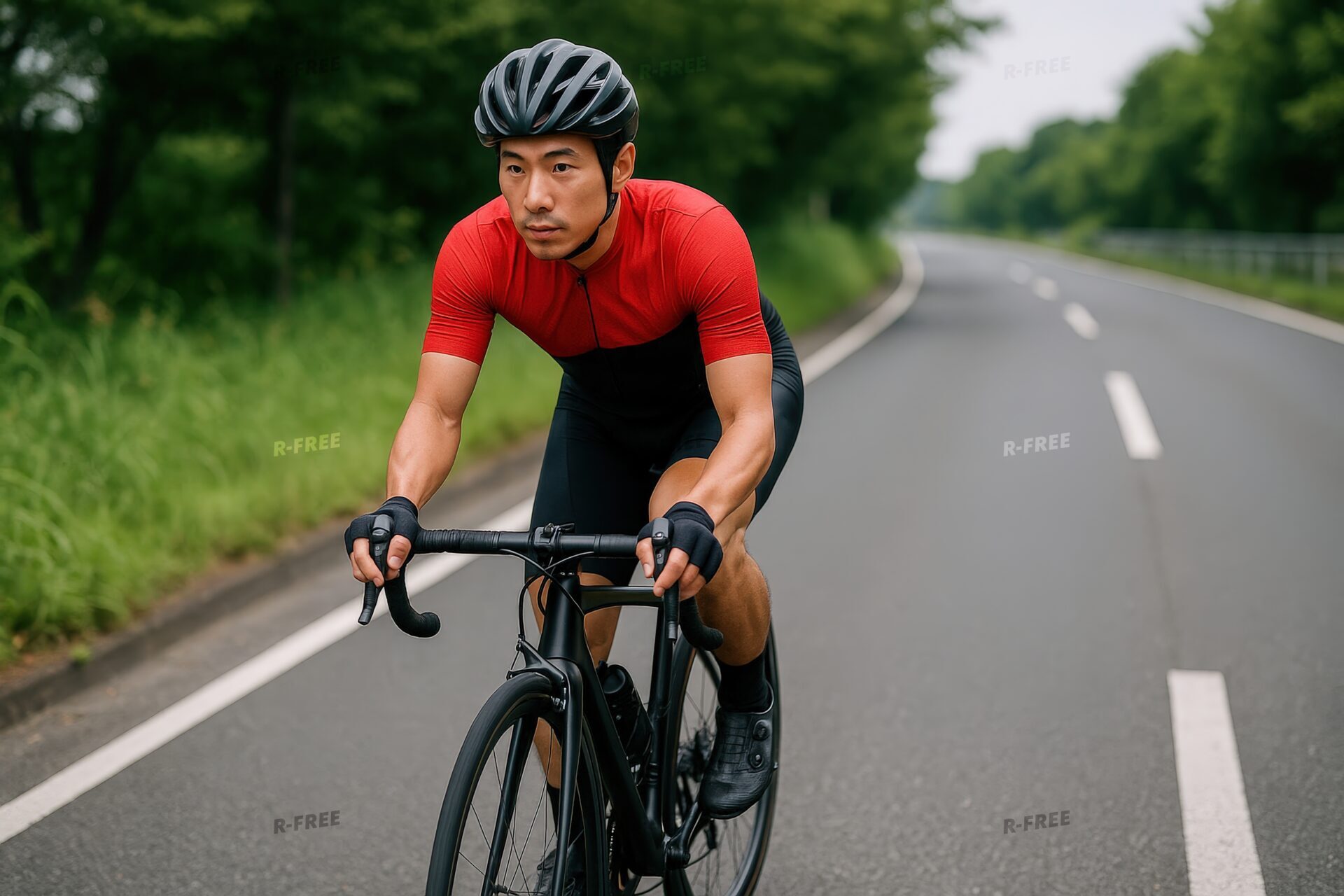 緑道を走る赤いウェアの男性サイクリスト