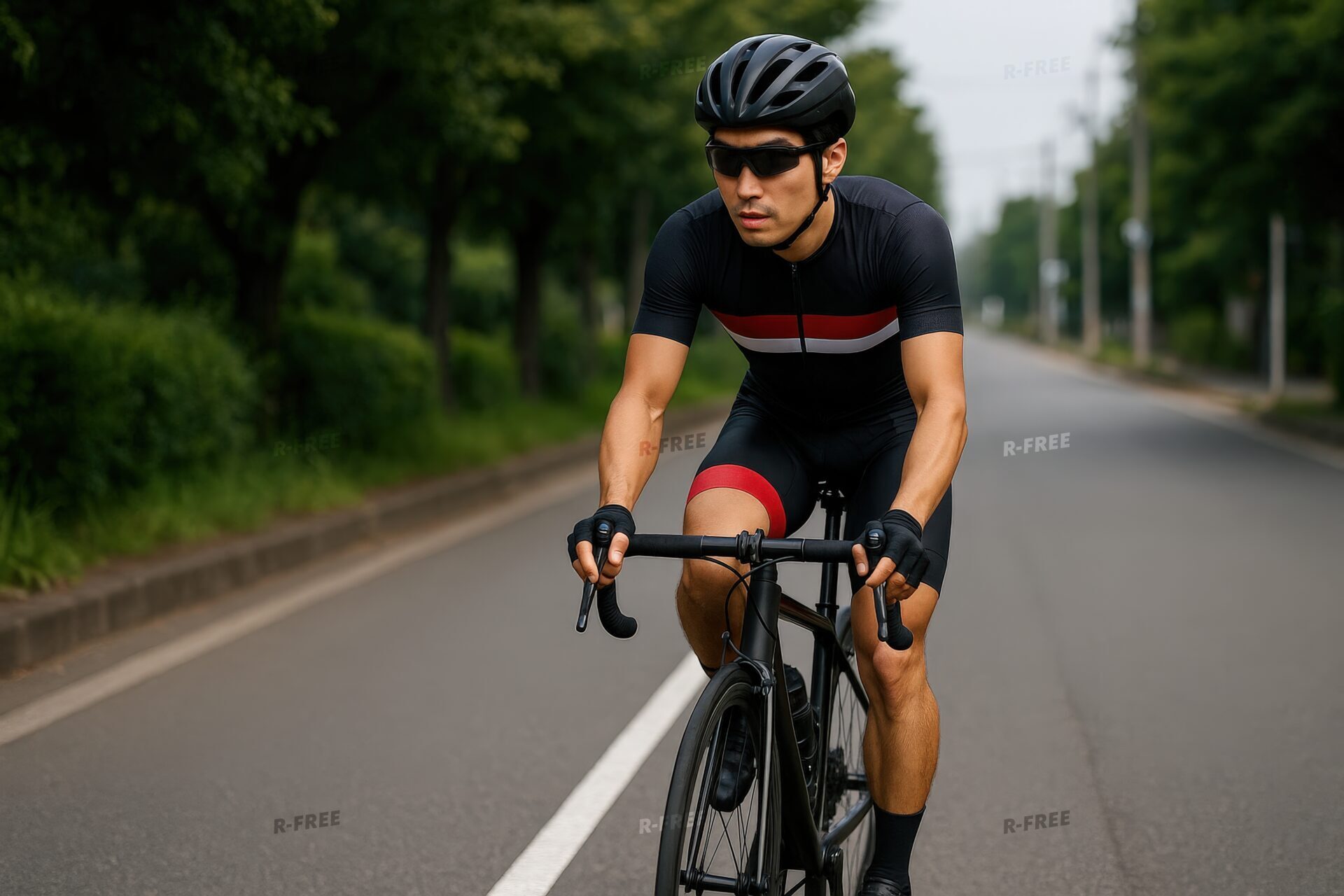 黒と赤のサイクルジャージで走る若い男性