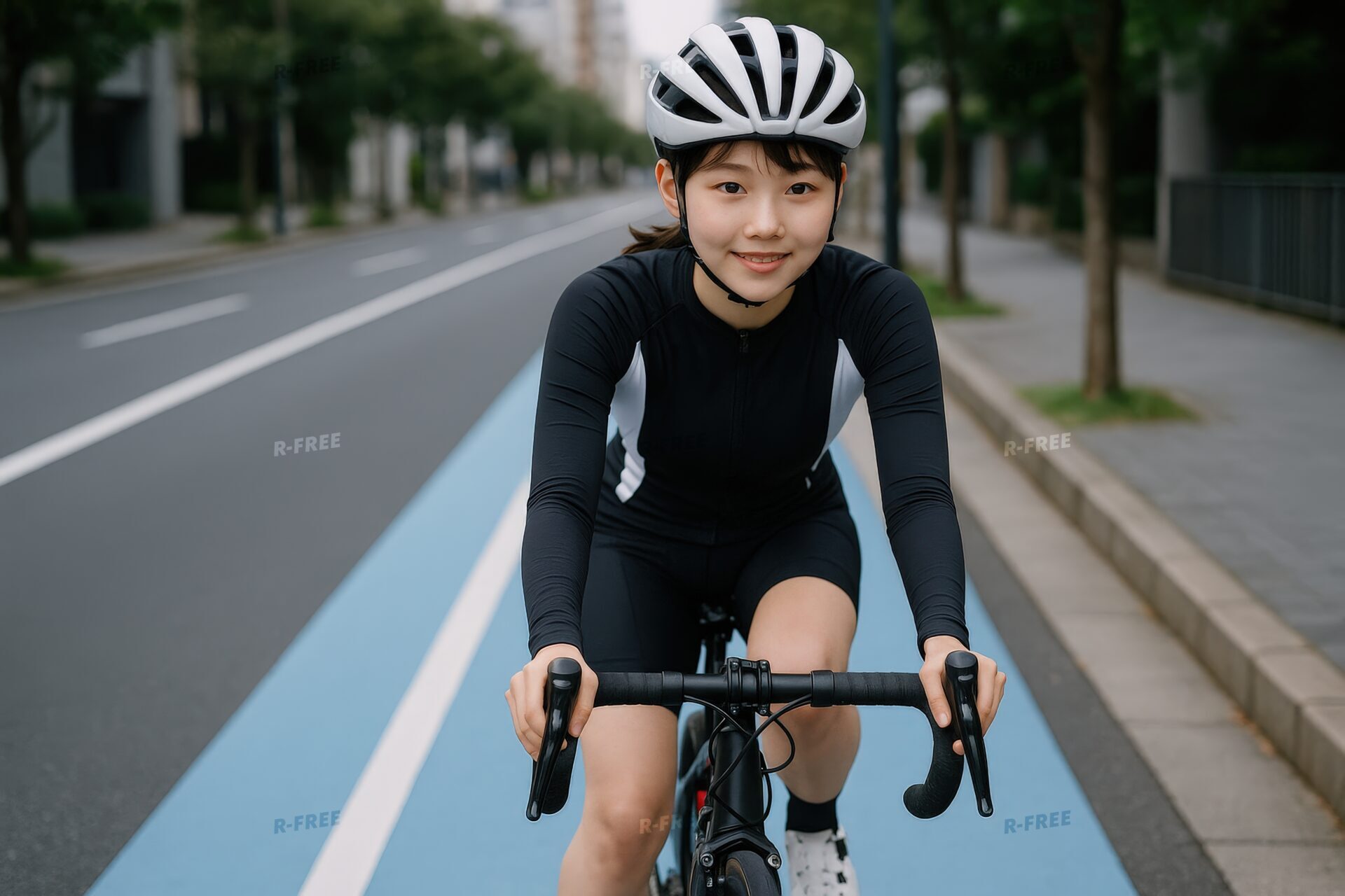 黒と白のサイクルウェアで街中を走る若い女性