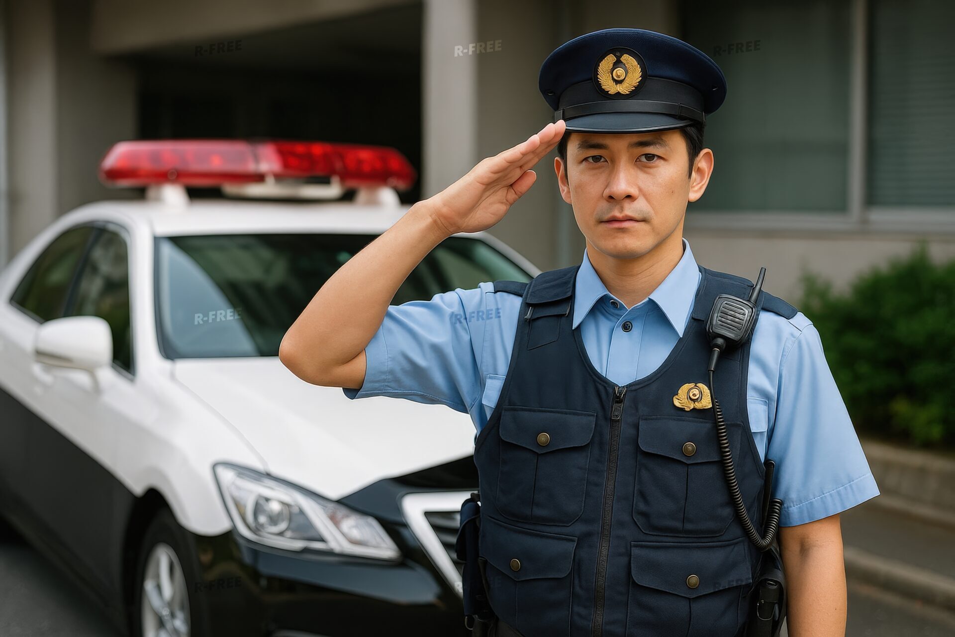 制服姿で敬礼する男性巡査とパトカー
