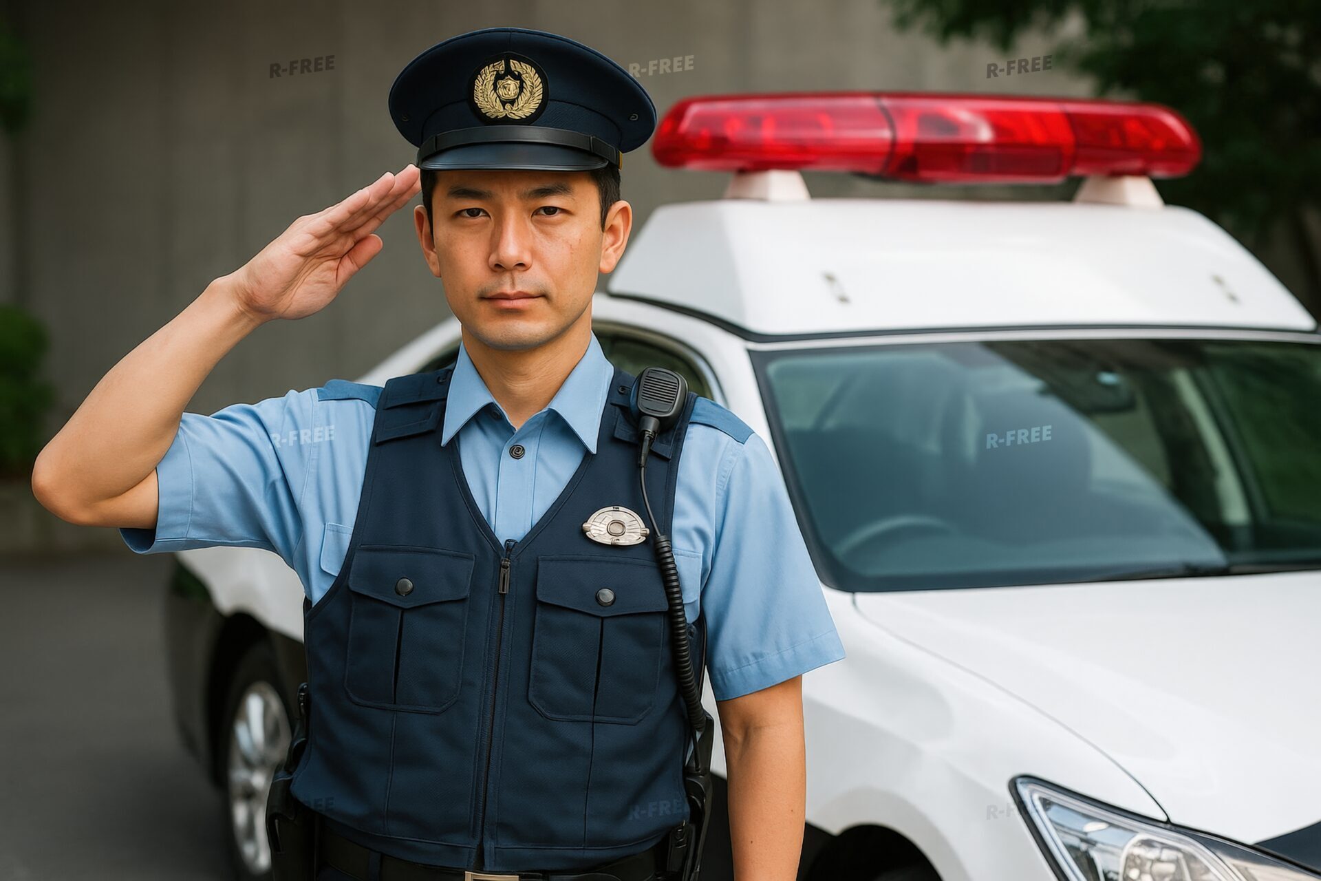 敬礼ポーズをとる若い警察官とパトカー