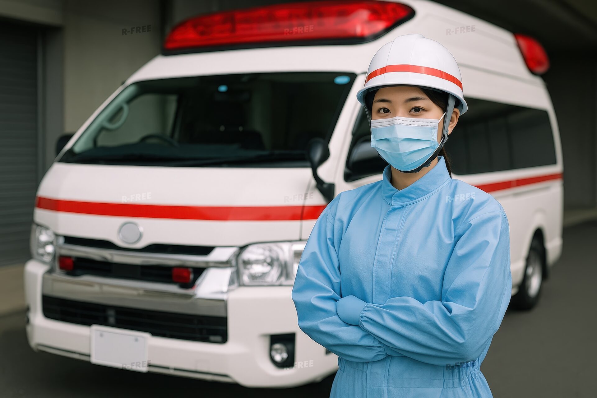 救急車の前で構える防護服の女性隊員
