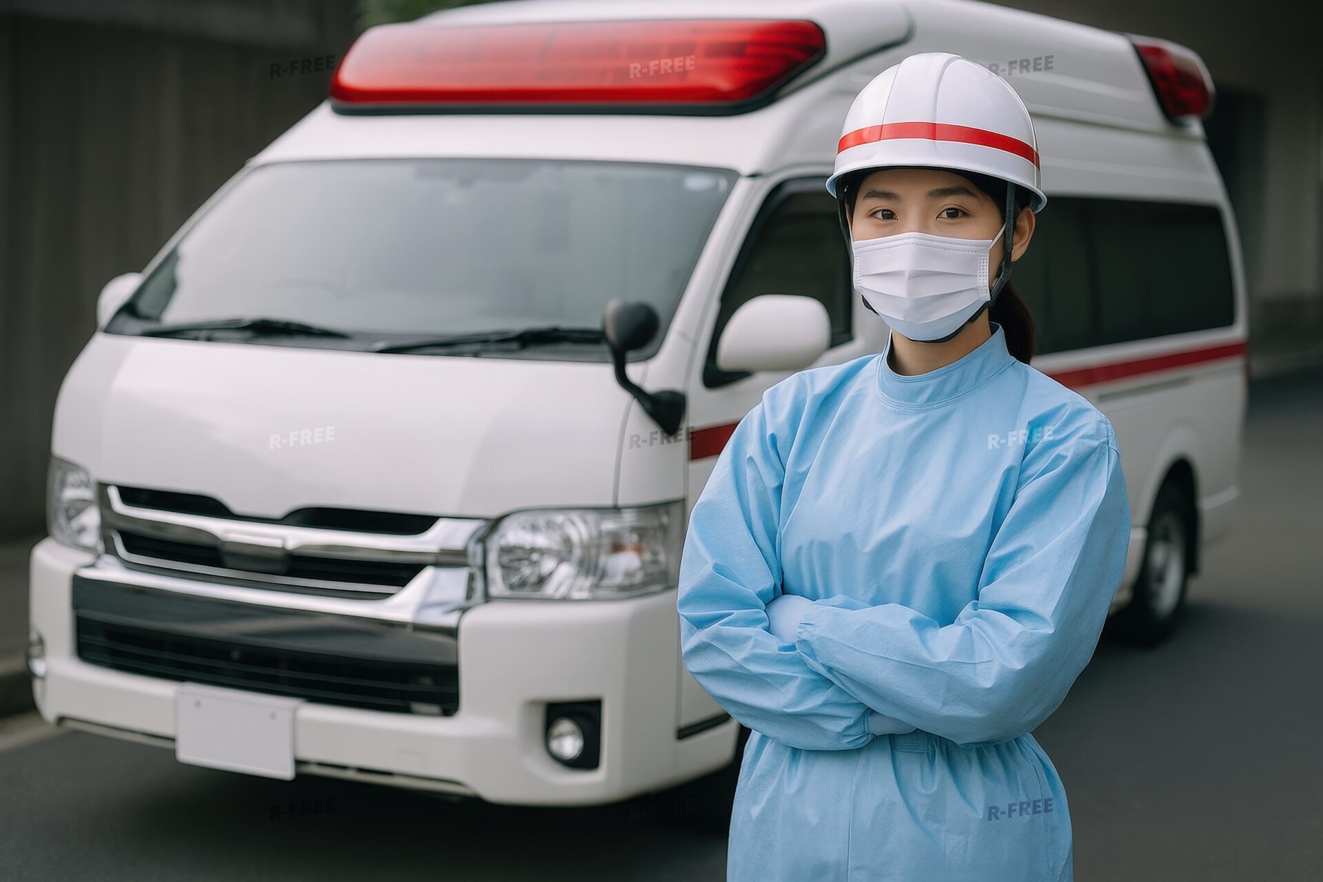 真剣な表情で立つ防護服姿の女性隊員
