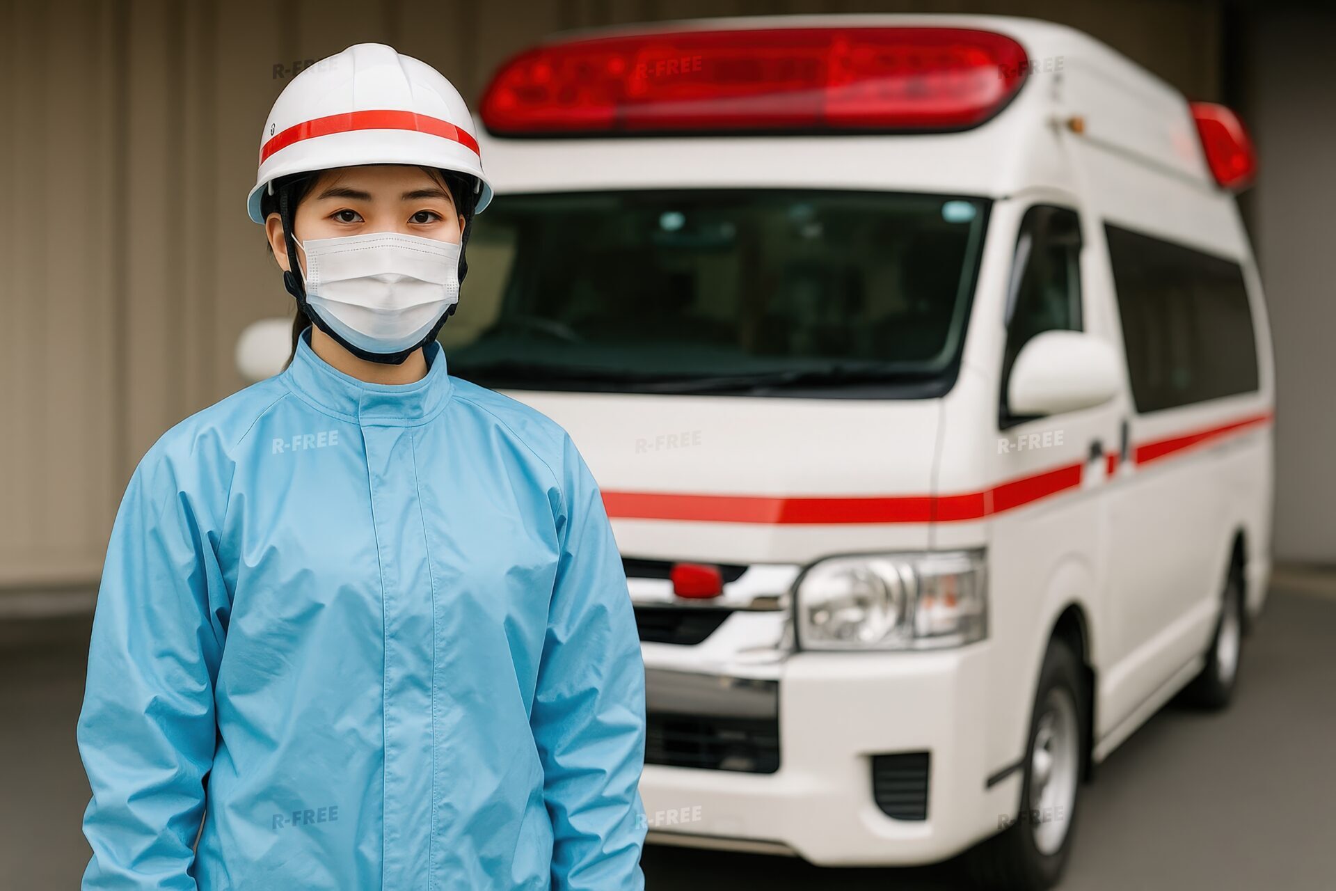 救急車両の前に立つ若い女性救命士