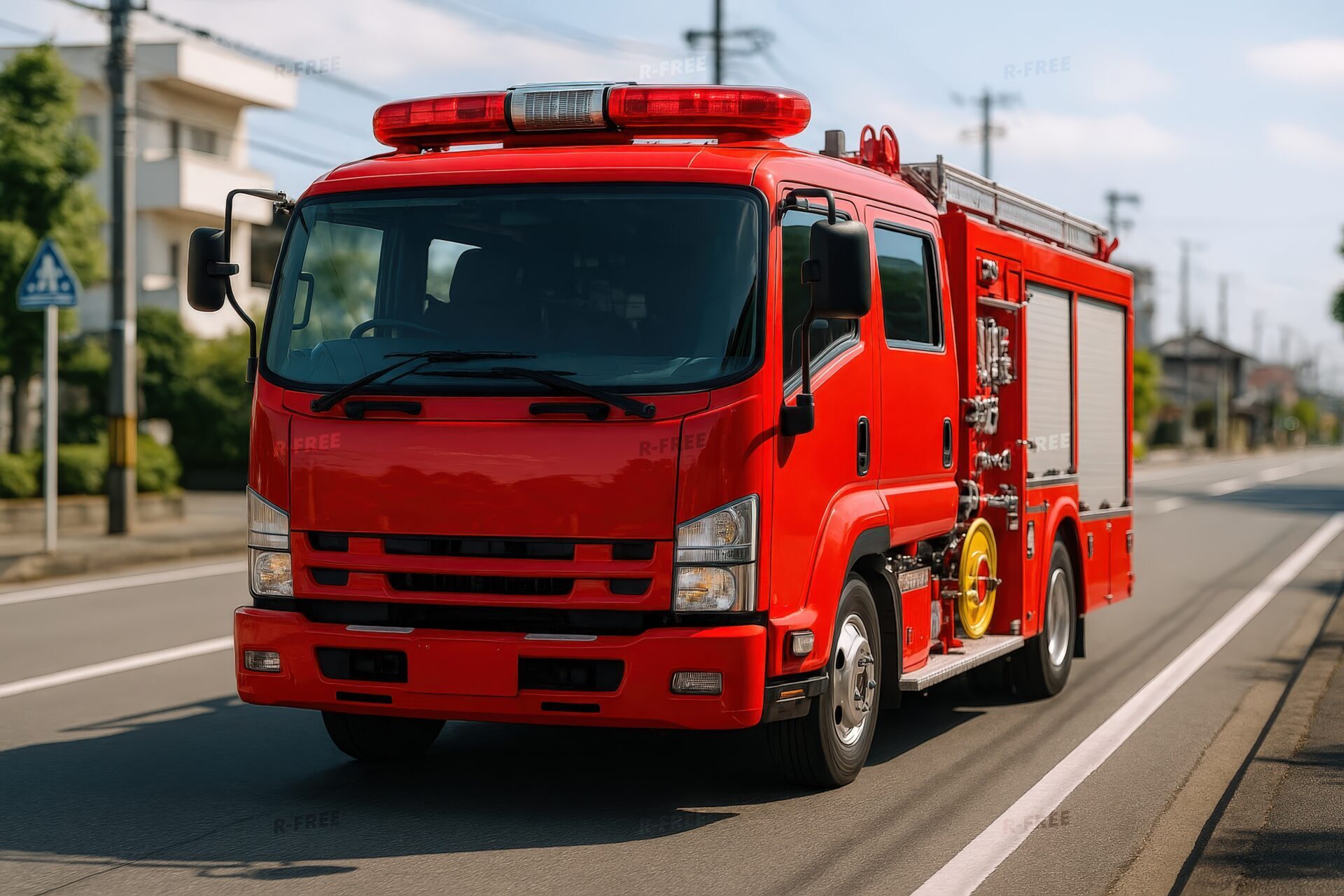 住宅街を走る赤い消防車