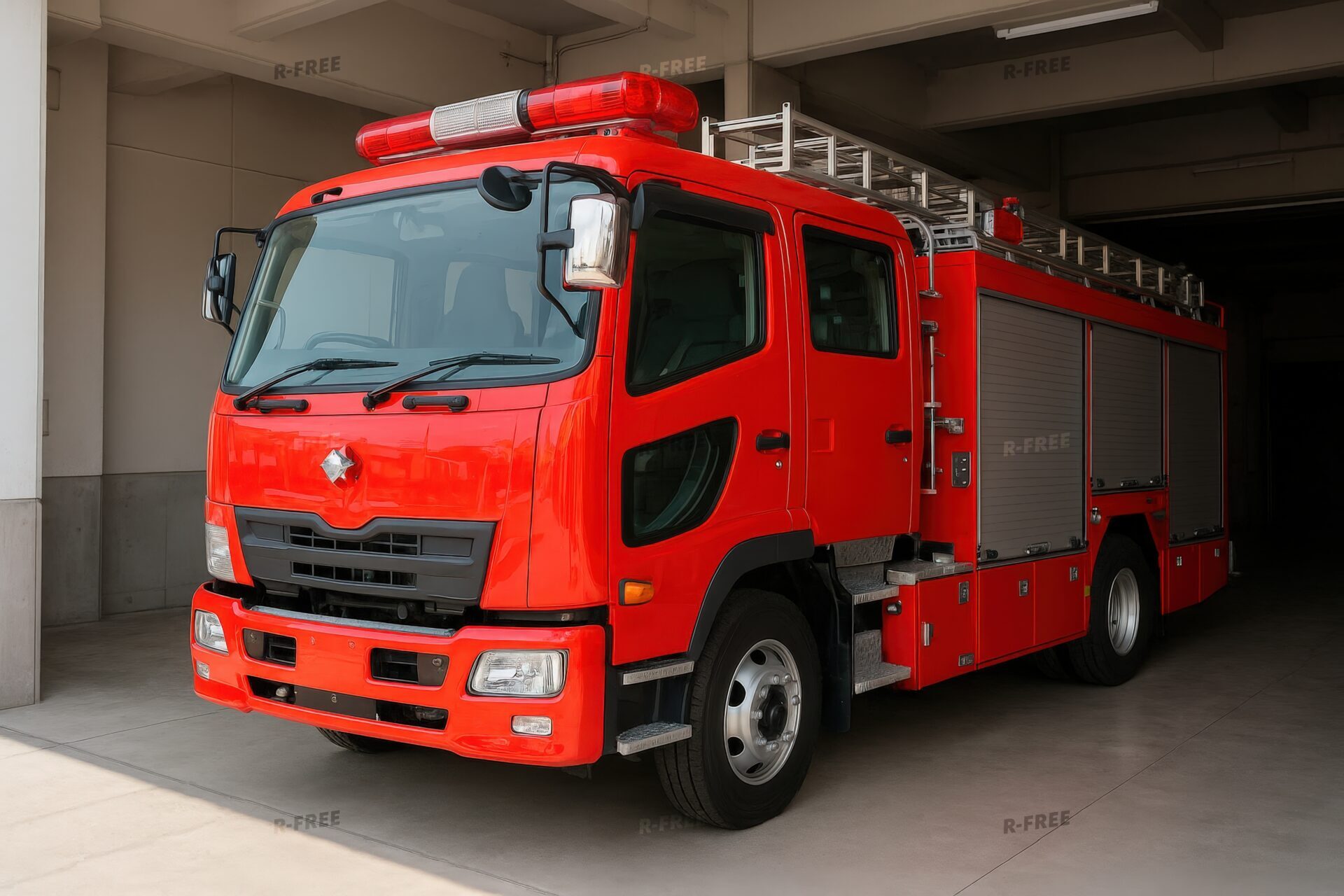 車庫に停車中の大型消防車