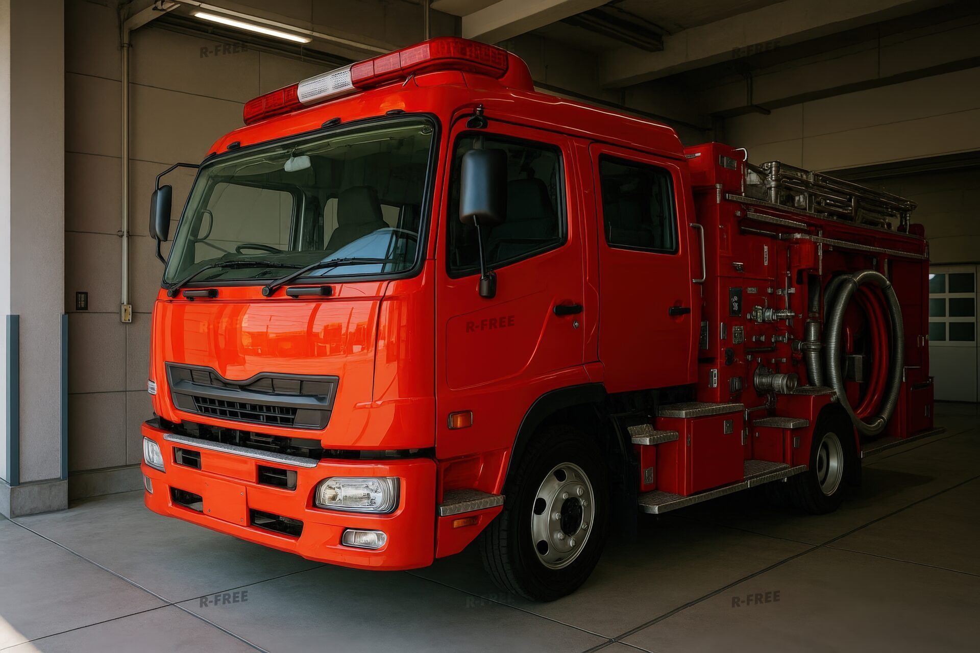 ホースを装備した消防車が待機中