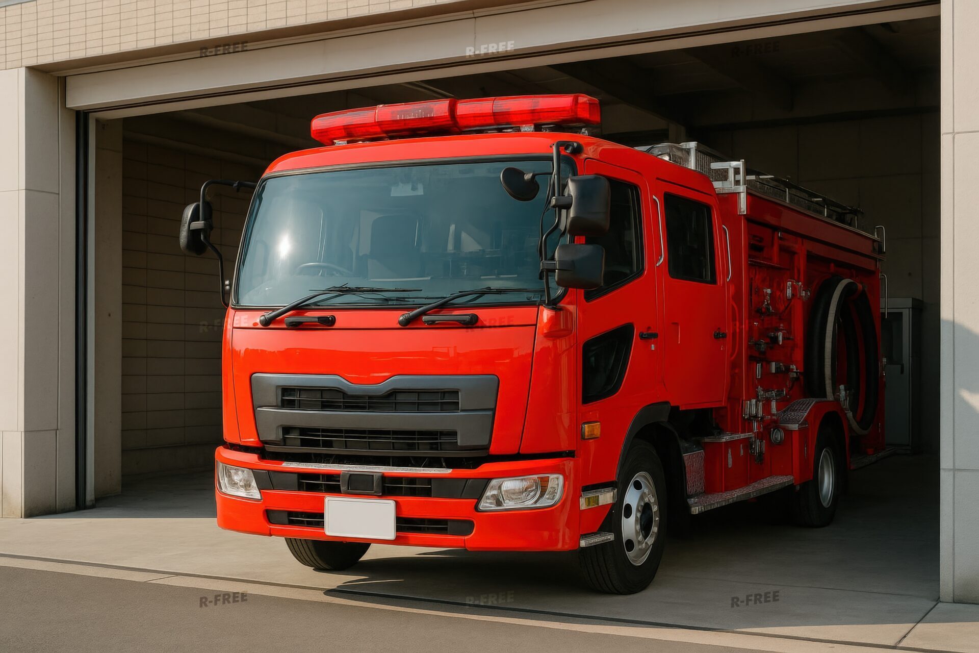 消防署前で待機する赤いはしご車