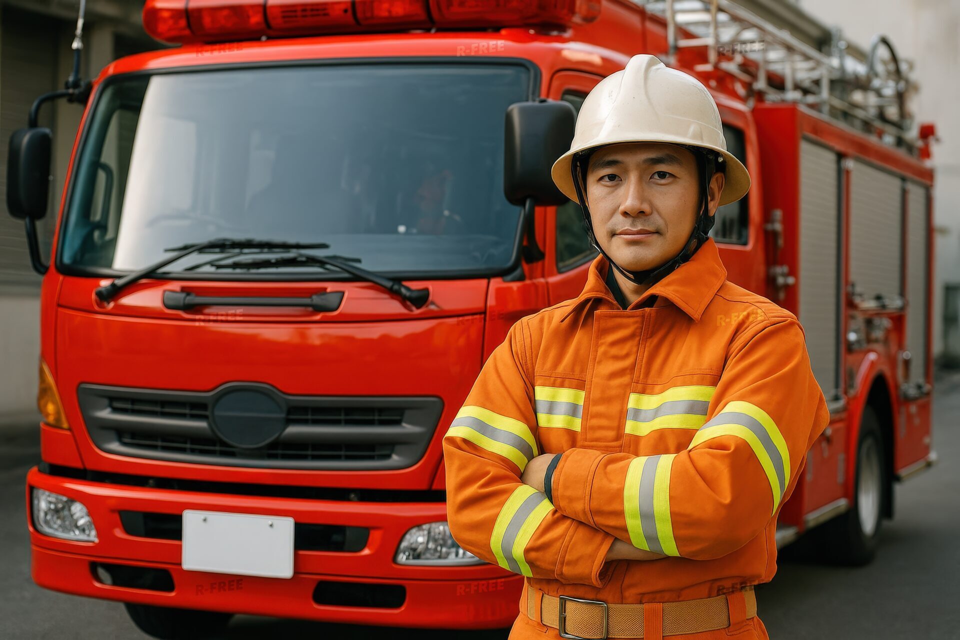 消防車の前で腕を組む消防士