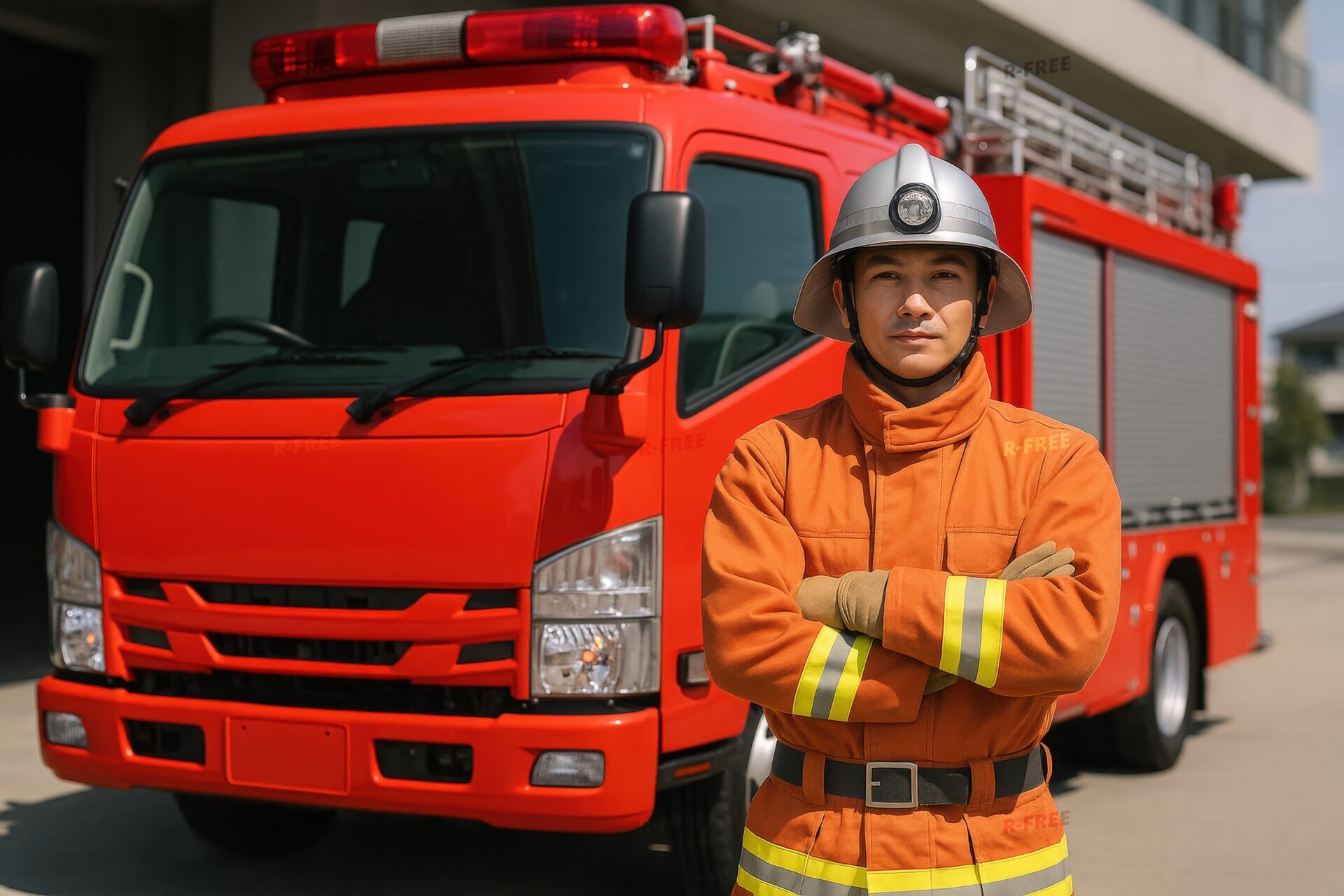 消防車の前に立つ消防士