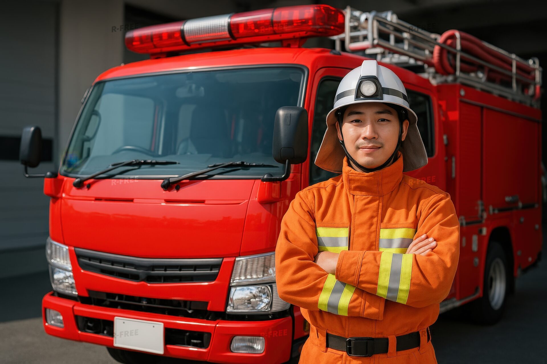 消防車の横で微笑む消防士