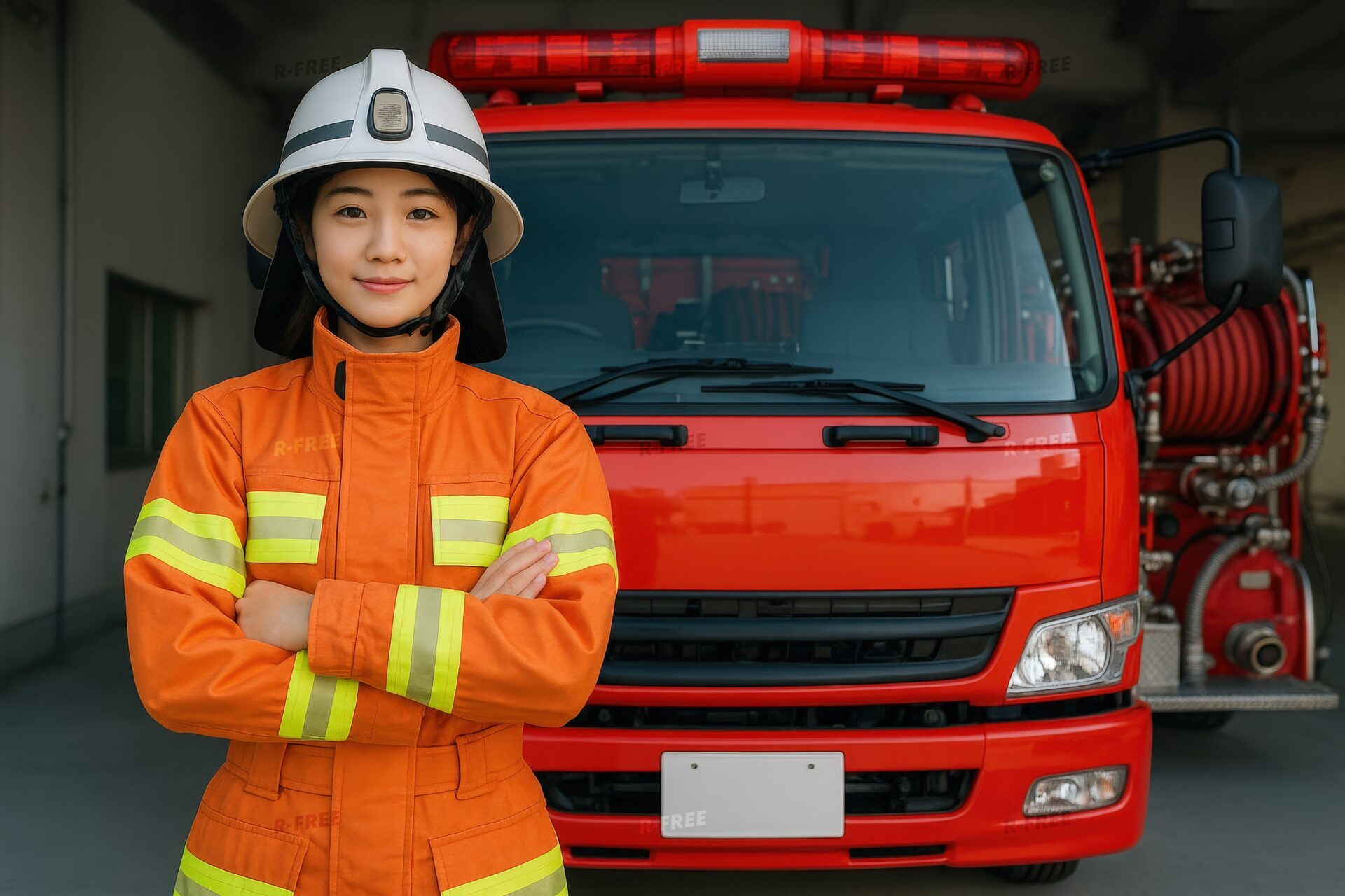 消防車の前で腕を組む女性消防士