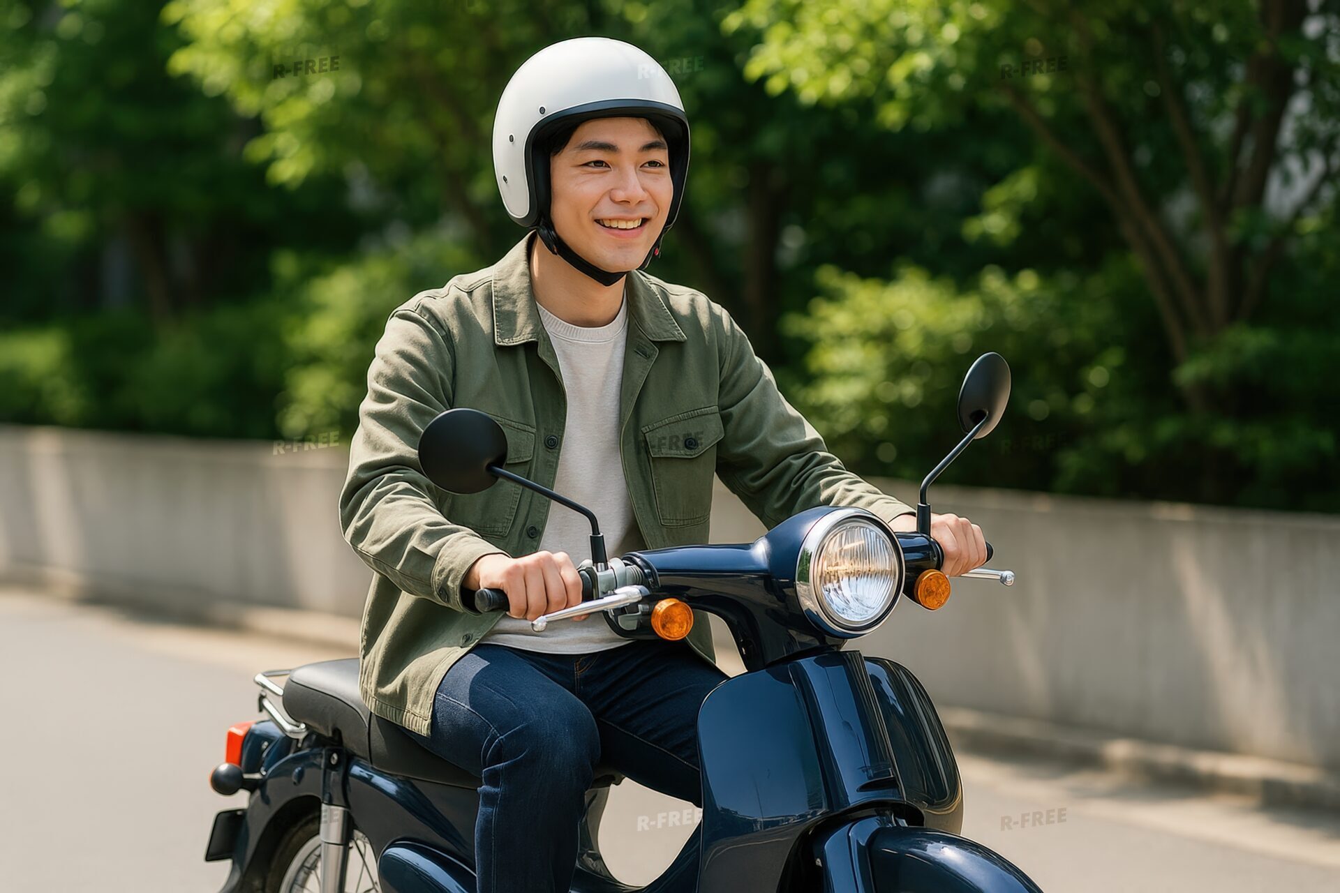 緑のジャケットでスクーターを運転する若い男性