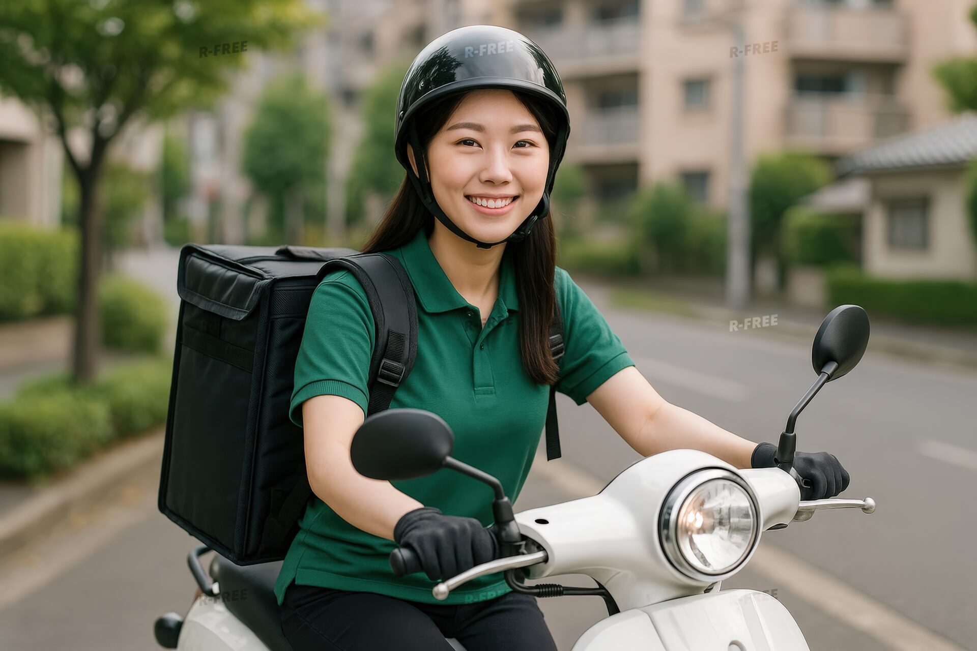 笑顔で配達するフードデリバリーの若い女性