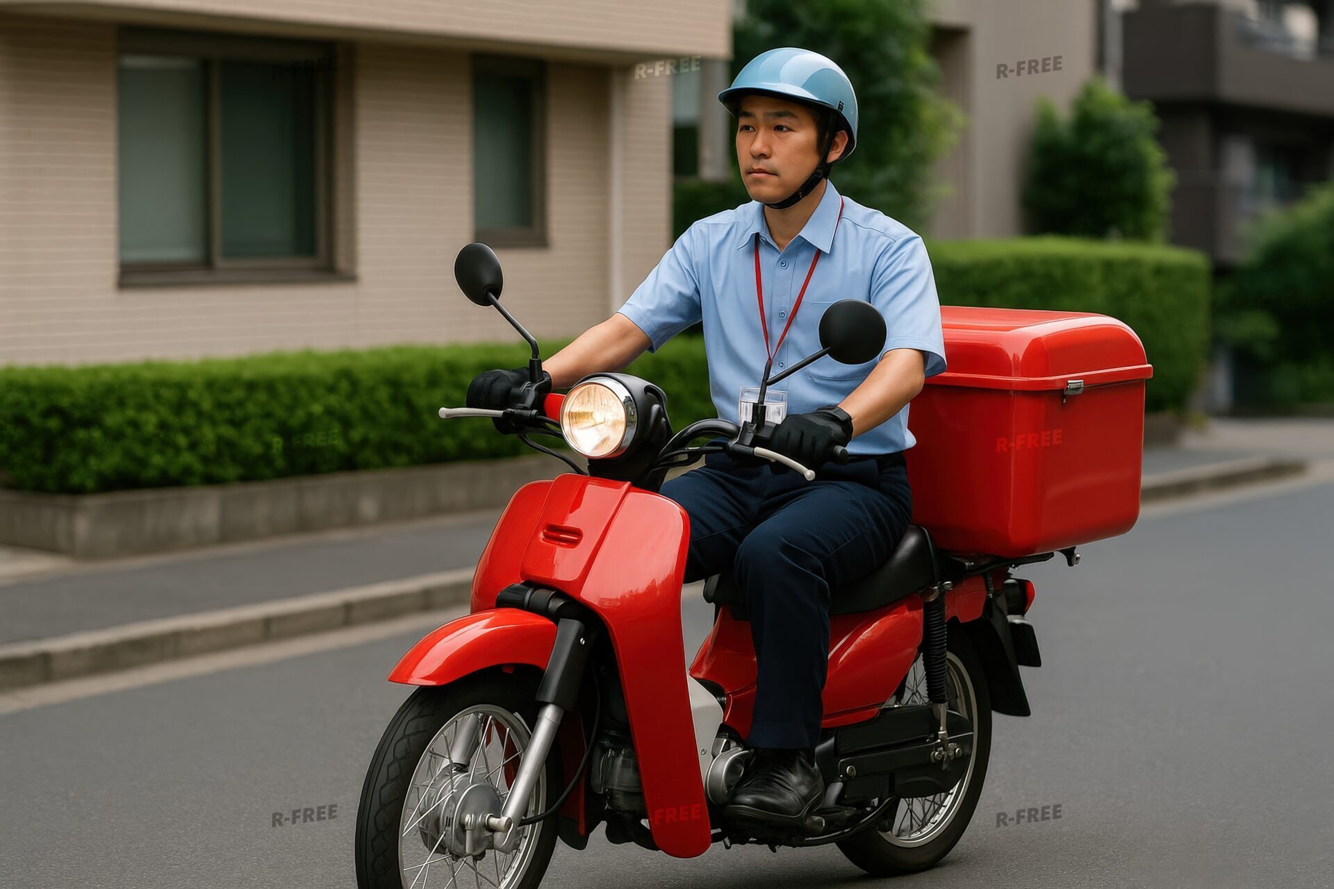 赤いバイクで配達業務中の郵便局員