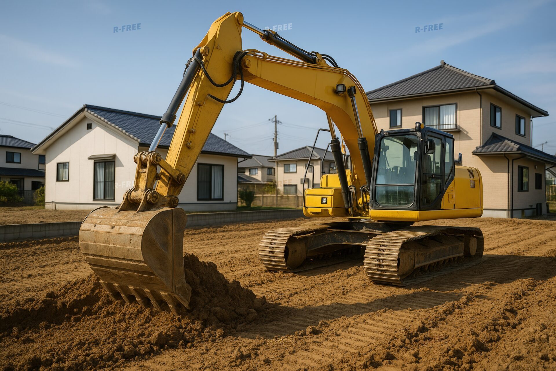 住宅地で整地を行うショベルカー