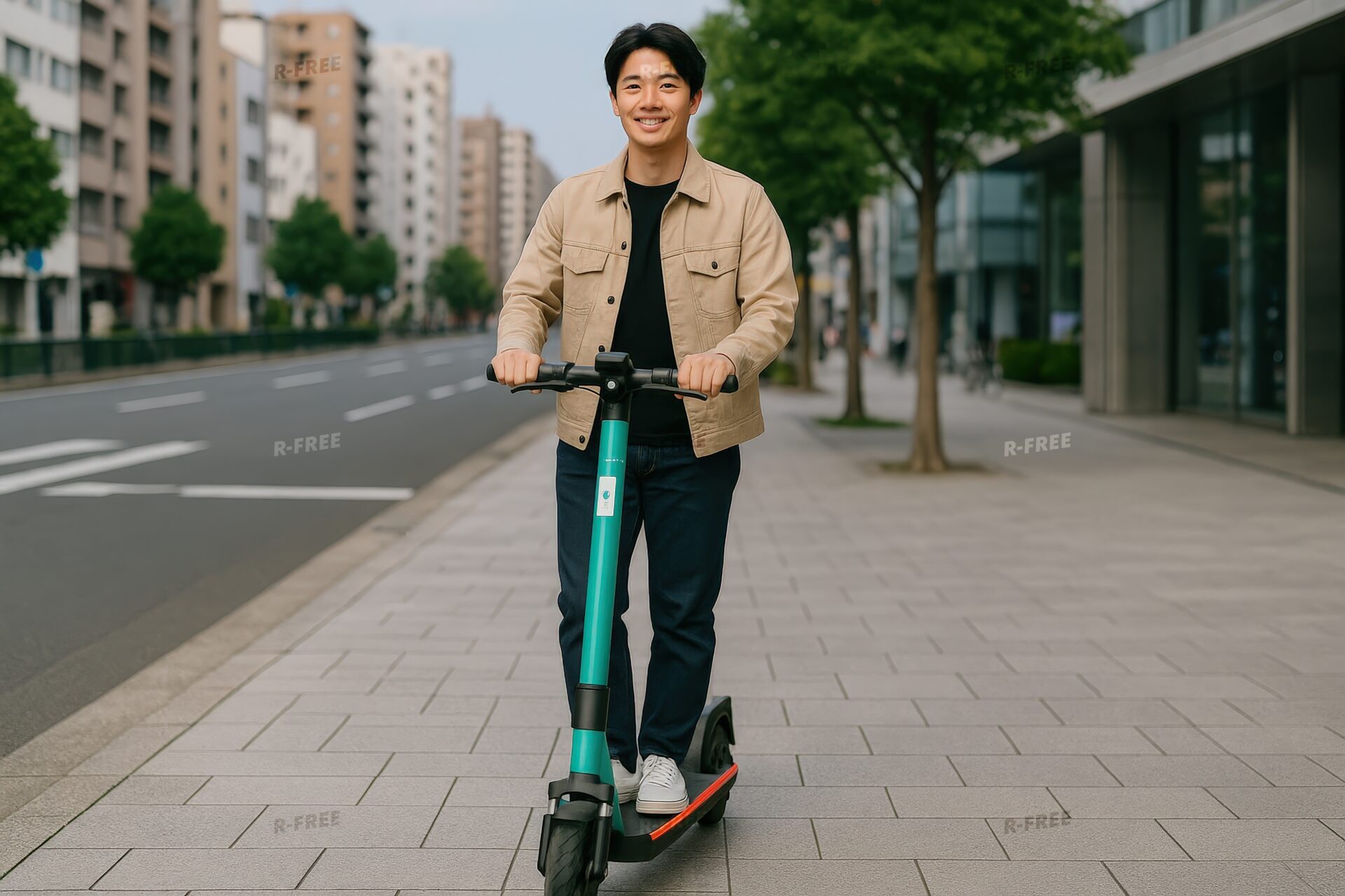街中を電動キックボードで走る若い男性