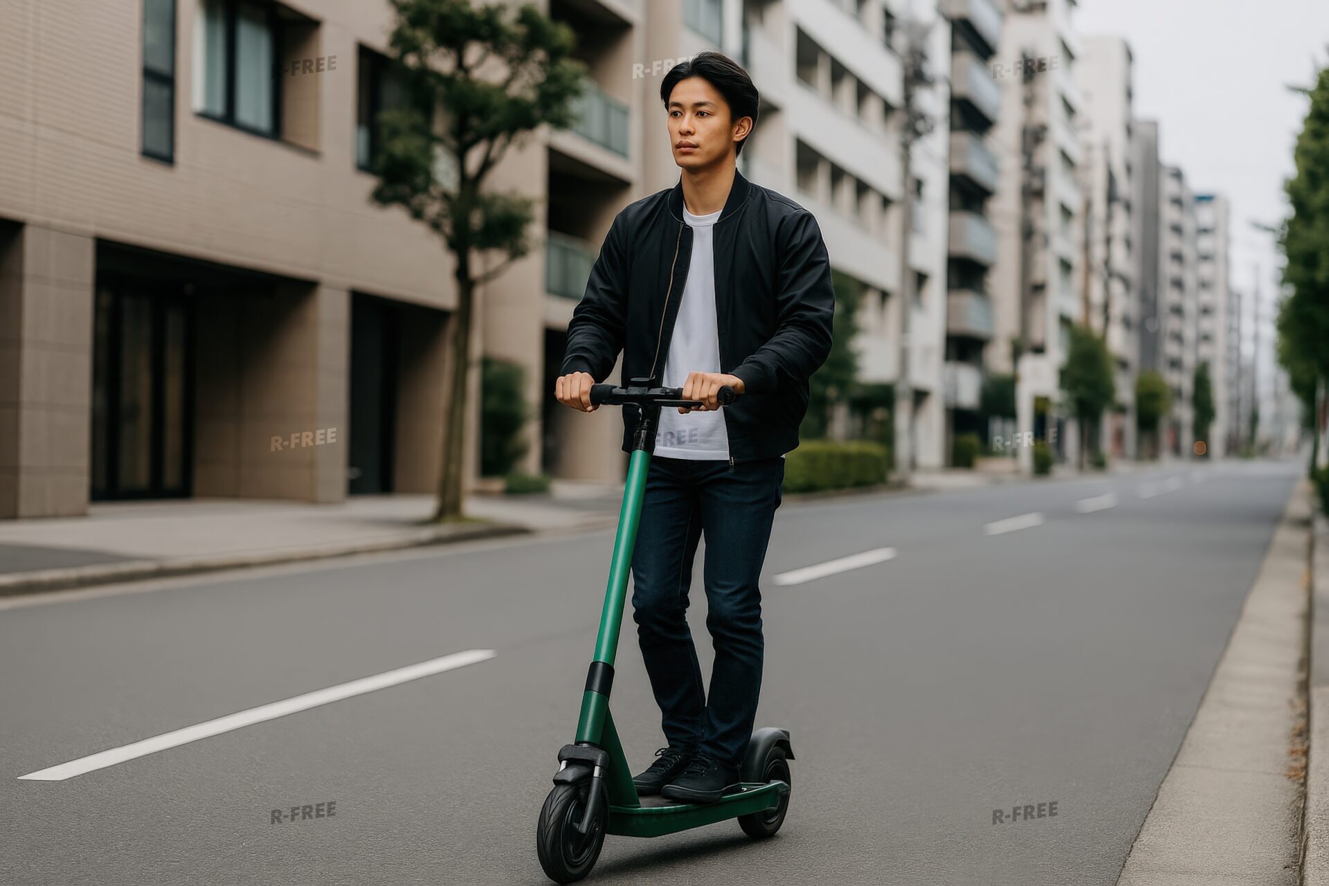 市街地の道路を走行する電動キックボードの男性