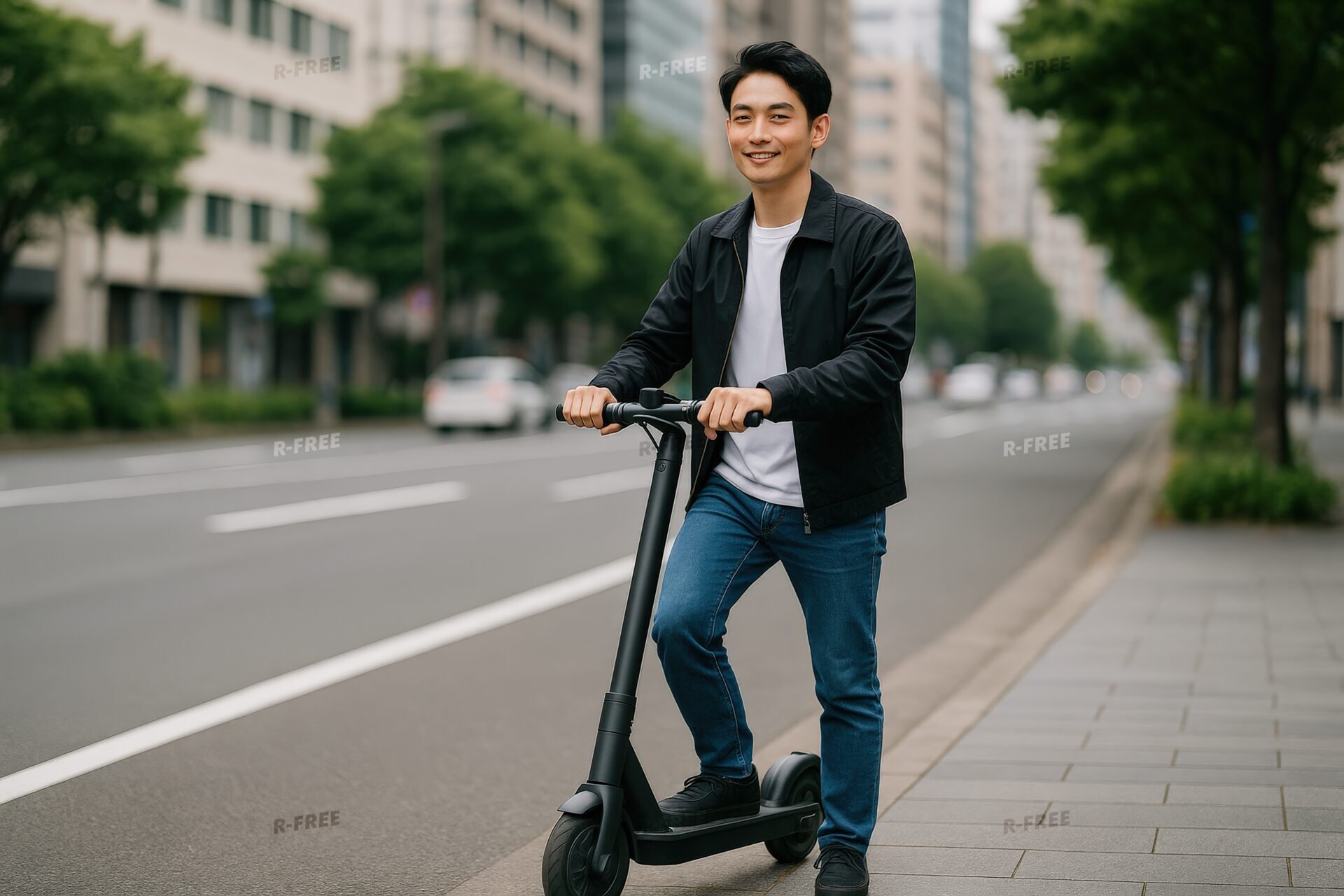 都市の歩道を電動キックボードで走る男性