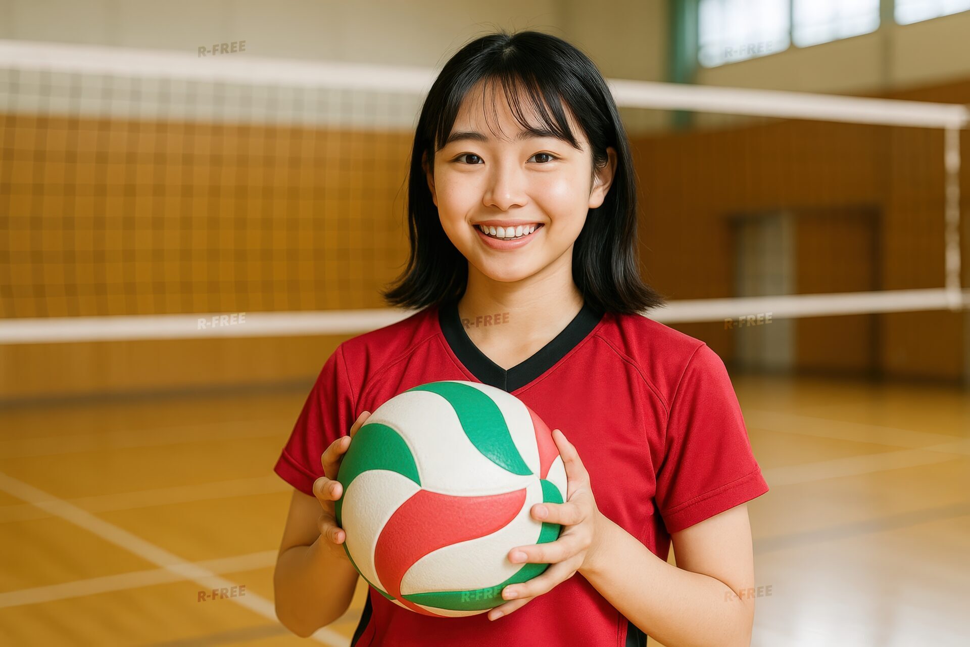 赤いユニフォームでバレーボールを持つ女子生徒