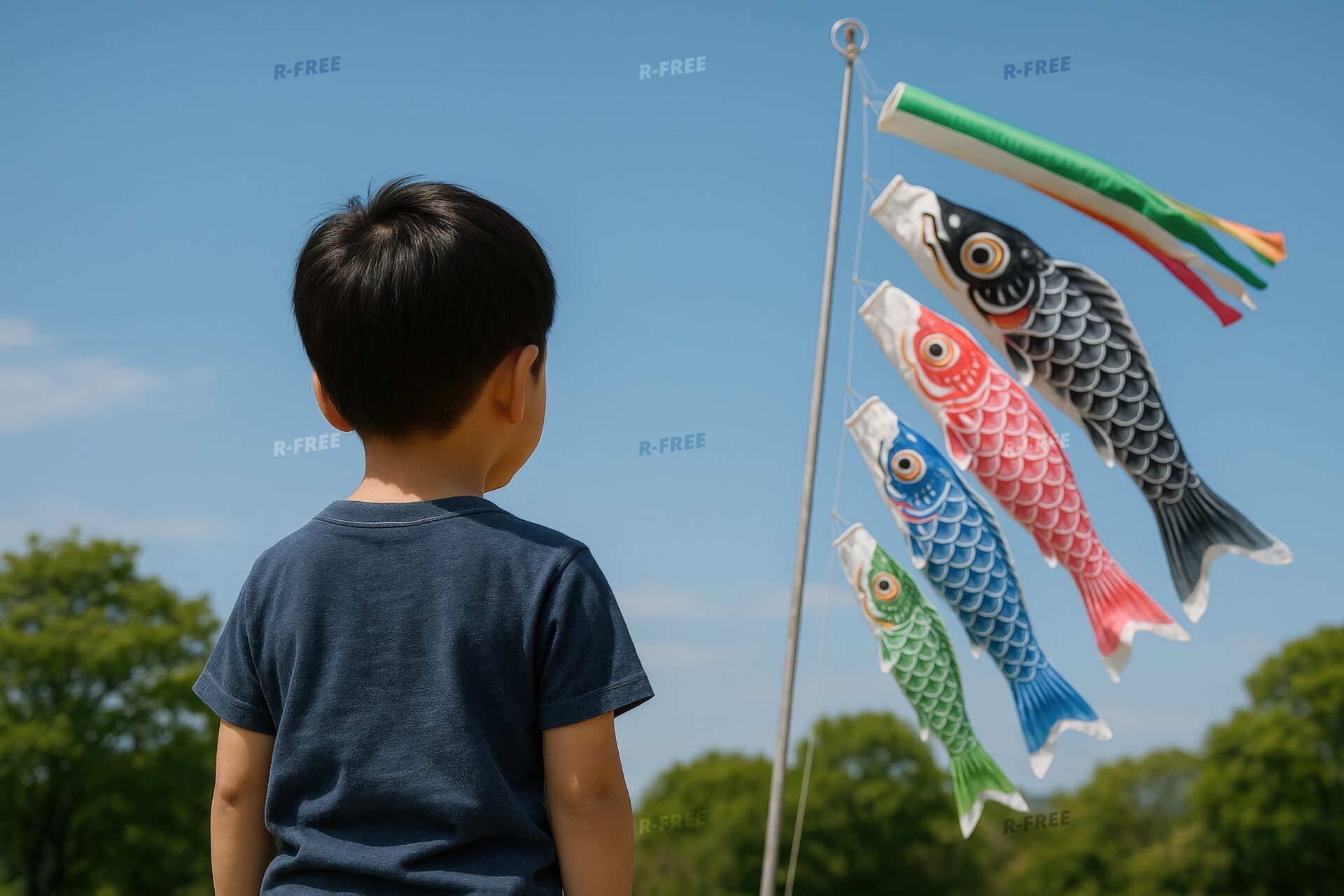 こいのぼりを見上げる男の子の後ろ姿
