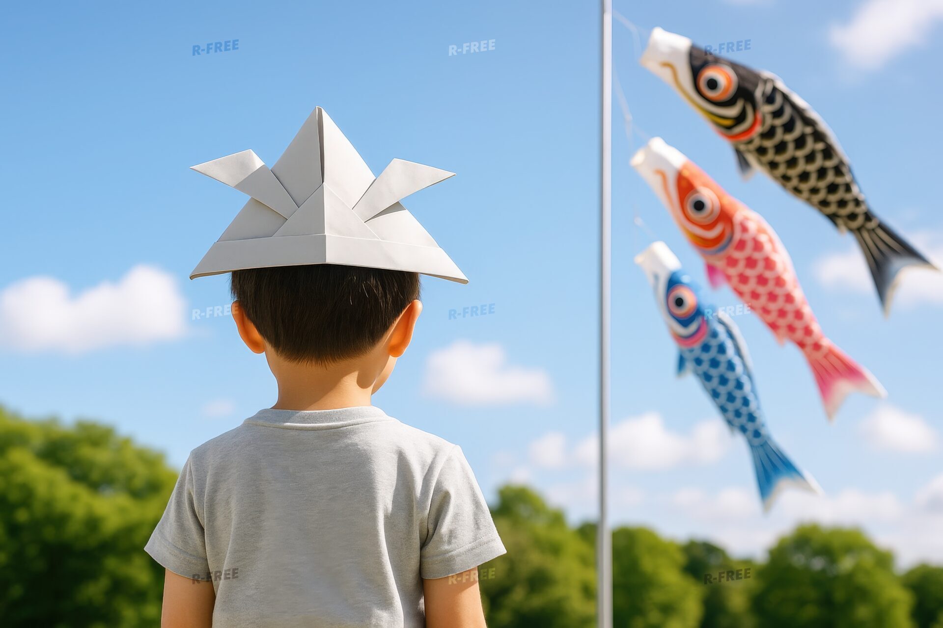 折り紙の兜をかぶった子供と青空に泳ぐこいのぼり