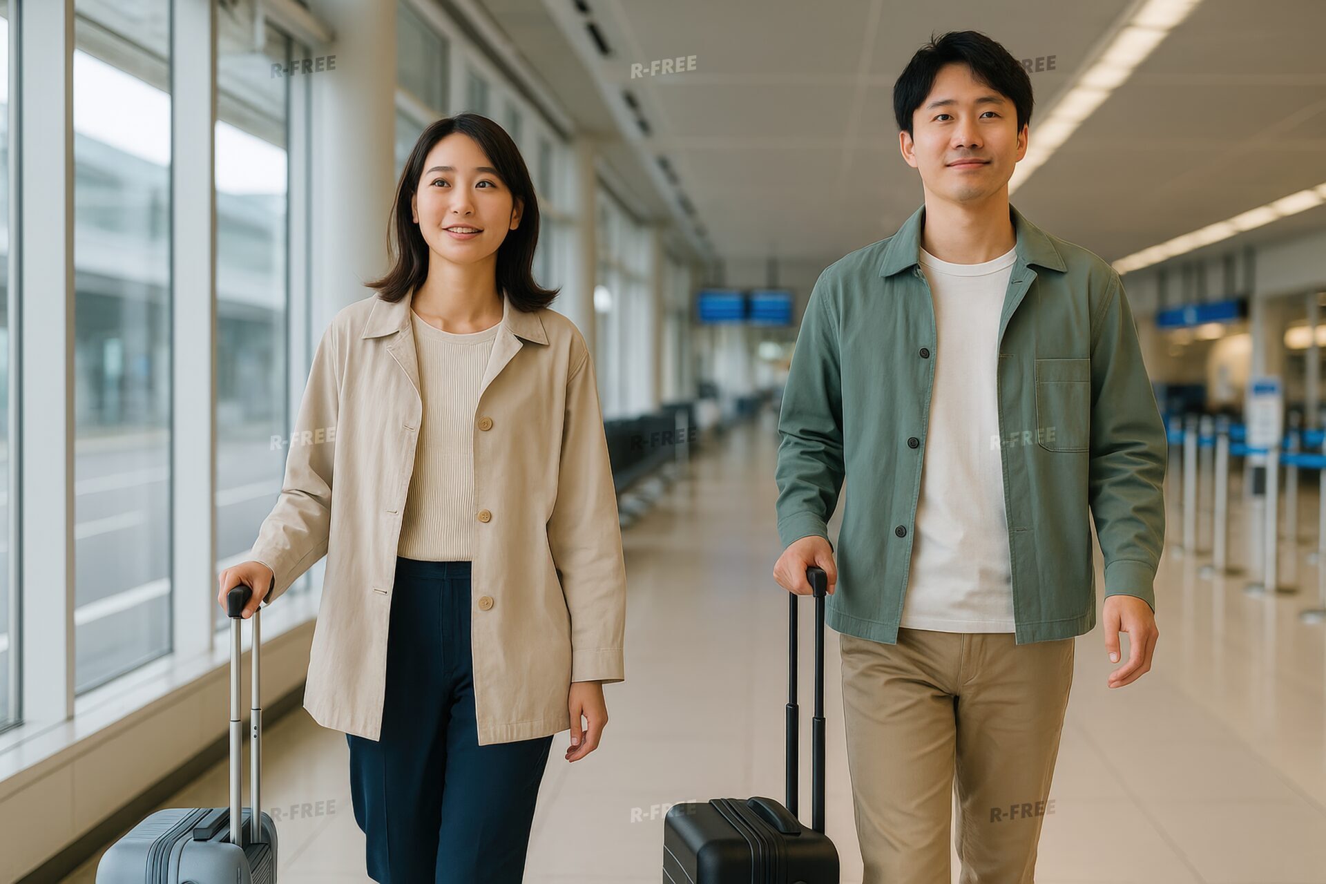 旅行前の空港で歩くカップル